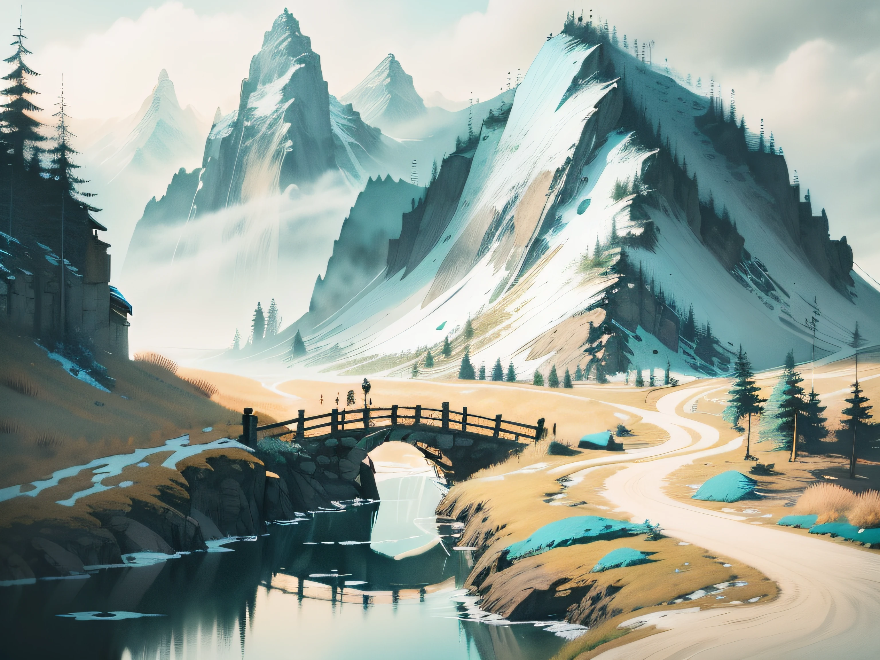 Colorful Nordic Landscape, Fairy Tale, Magic, Realistic illustration, concept art, 2d flat vector, t-shirts design, comic style, charming, watercolor effect, Adobe Illustrator, hand-drawn, zoom out, white background, centered, full body framed in, approaching perfection, dynamic, highly detailed, smooth, illustration