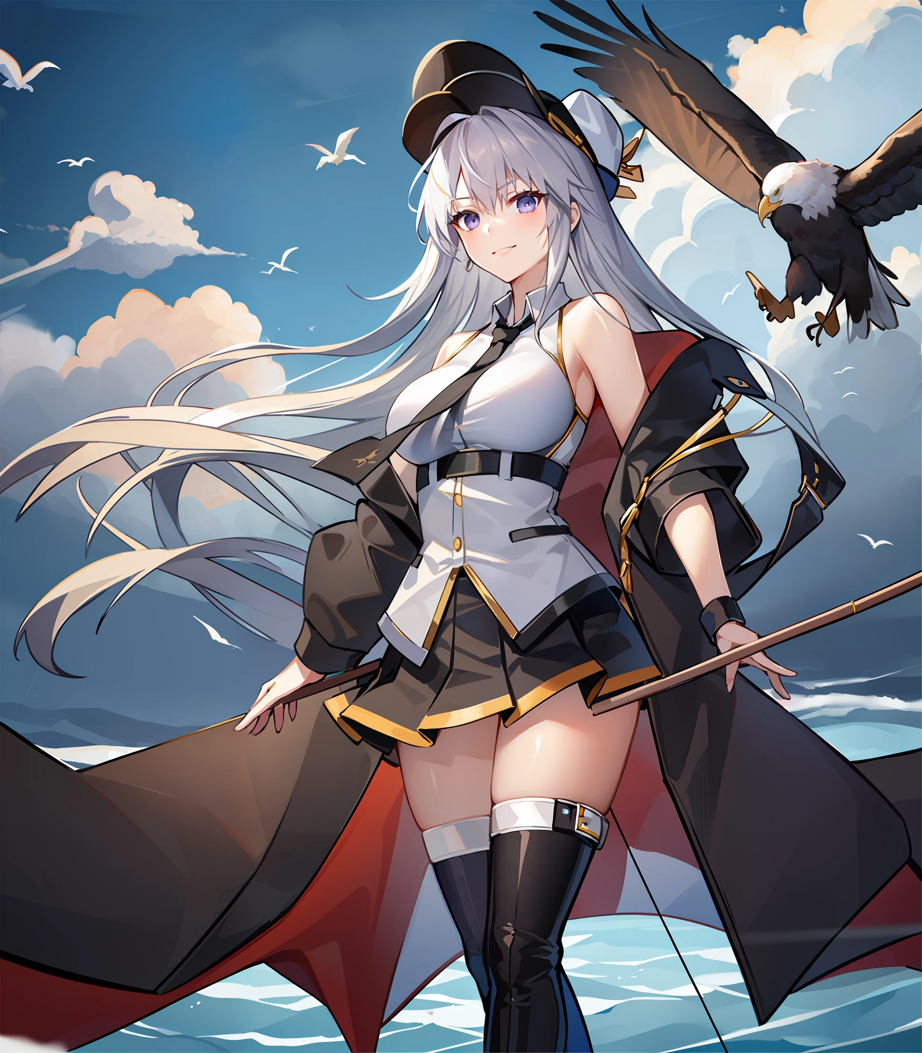 (((​masterpiece、top-quality、hight resolution)))、
Original outfit, military outfits, 1girl in, an eagle, Pointed hat, Skysky, Flight Deck, a smile, Mare, ​​clouds, breastsout, tag, 独奏, plein air, Look at viewers, blue open sky, Very long hair, the wind, large full breasts, ropes, wind lift, Hand to hat, Skirt Tags, is standing, Underbust, cloudy ash sky, Thigh boots,Bow and arrow shooting stance,