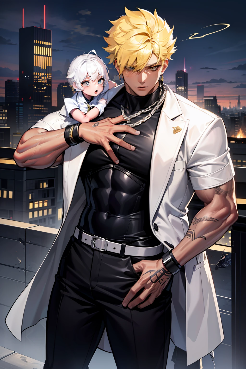 Masterpiece，Best quality，High details，1boys，Light yellow hair，校服，white  shirt,，Wear earrings，Black coat，hooligan，The figure has muscles，Tall，Very handsome，smokes，on the rooftop，There are tattoos on the arms