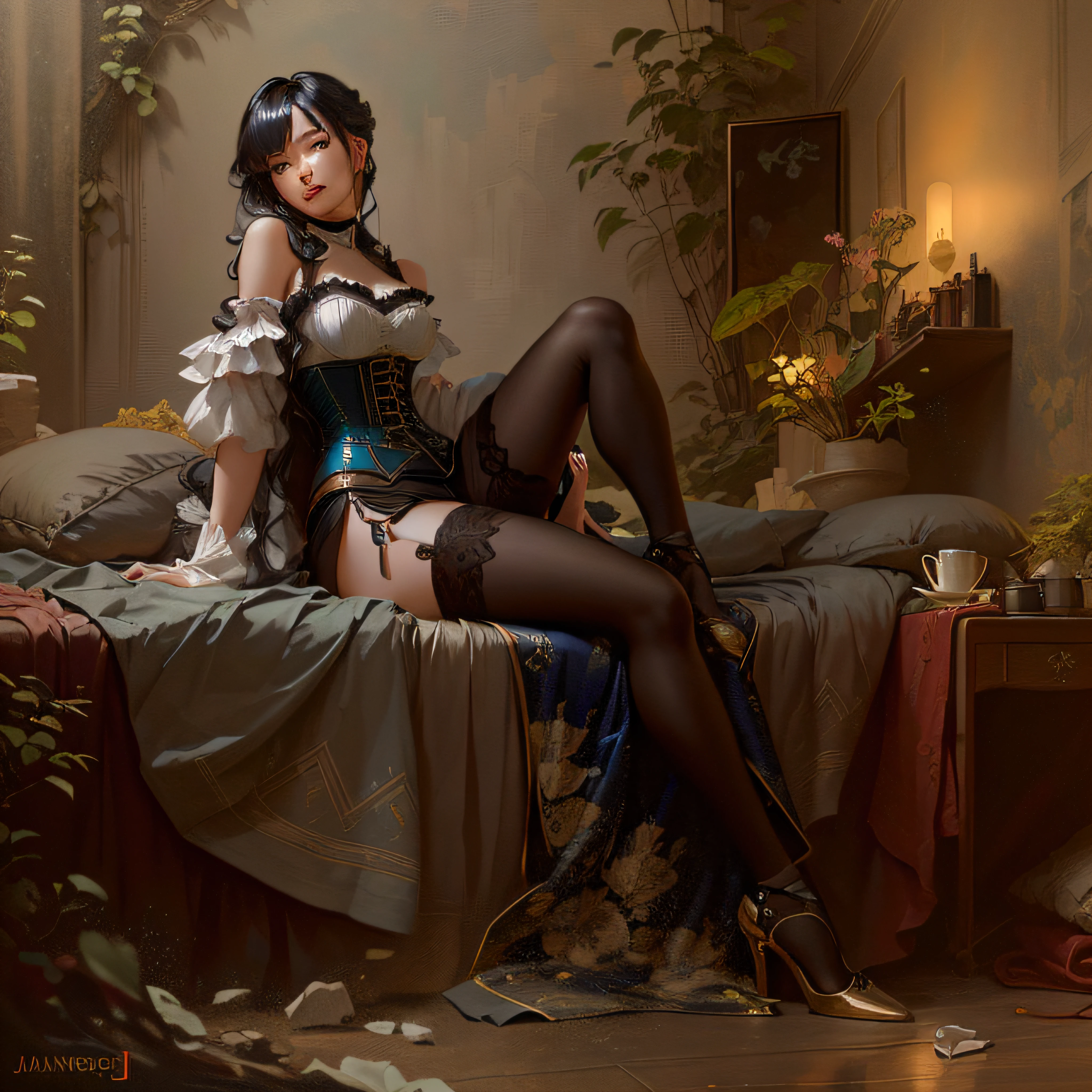 Painting of a woman in a corset sitting on a bed, por Yang J, Arte WLOP, por Oliver Sin, Wlop Jeremy Lipkin, WLOP y ROSS Tran, Arte de Wlop, WLOP |, Impresionante CGsociety, inspirado por Fenghua Zhong, El estilo de WLOP, por Yanjun Cheng, Ross Tran y Wlop