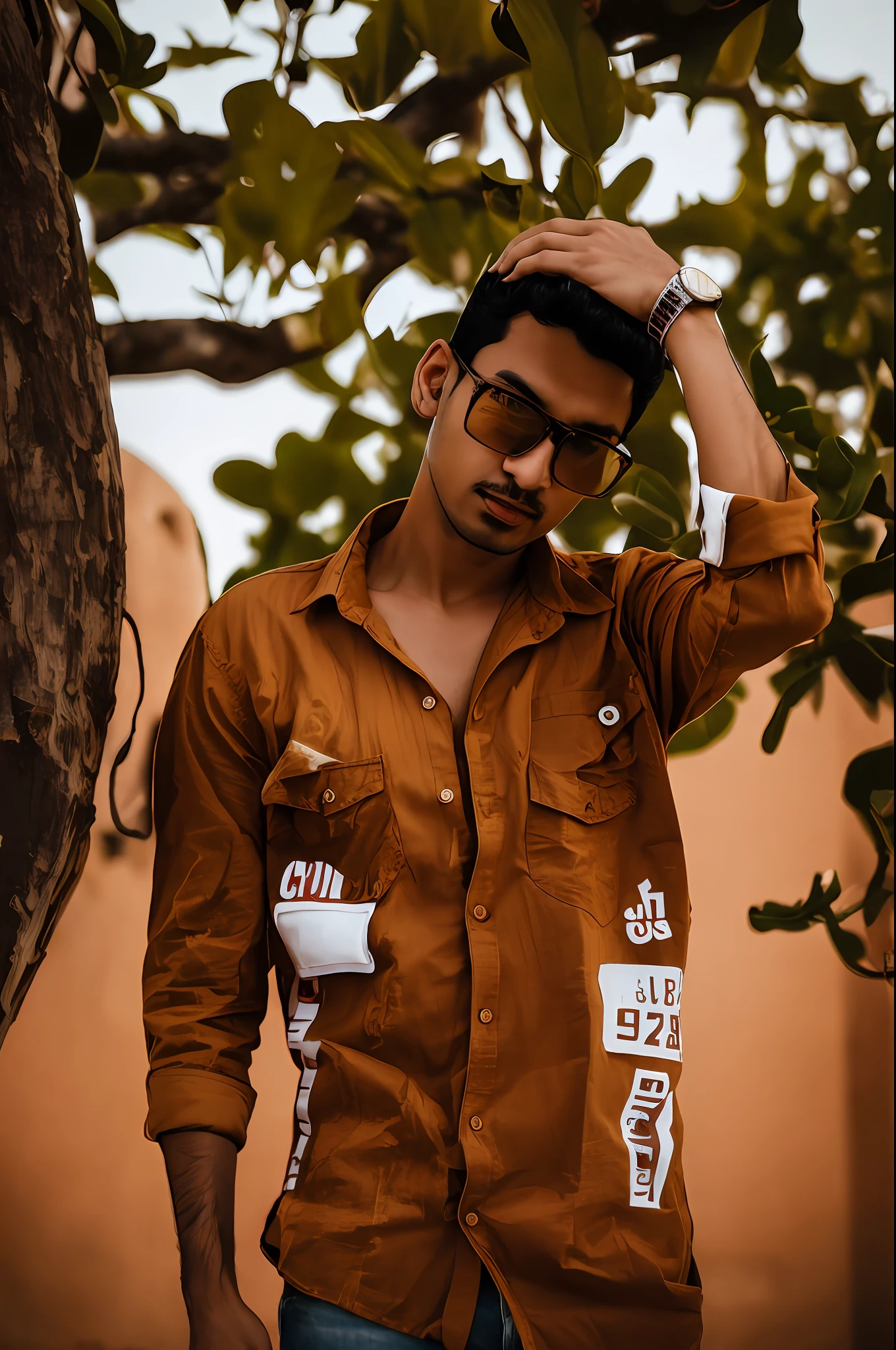 arafed man in a brown shirt and jeans standing next to a tree, casual photography, with a cool pose, stylish pose, mohamed chahin style, with lovely look, cool pose, candid picture, photograpgy, * colour splash *, ayan nag, casual pose, with accurate face, taken with canon 8 0 d, photography, modelling