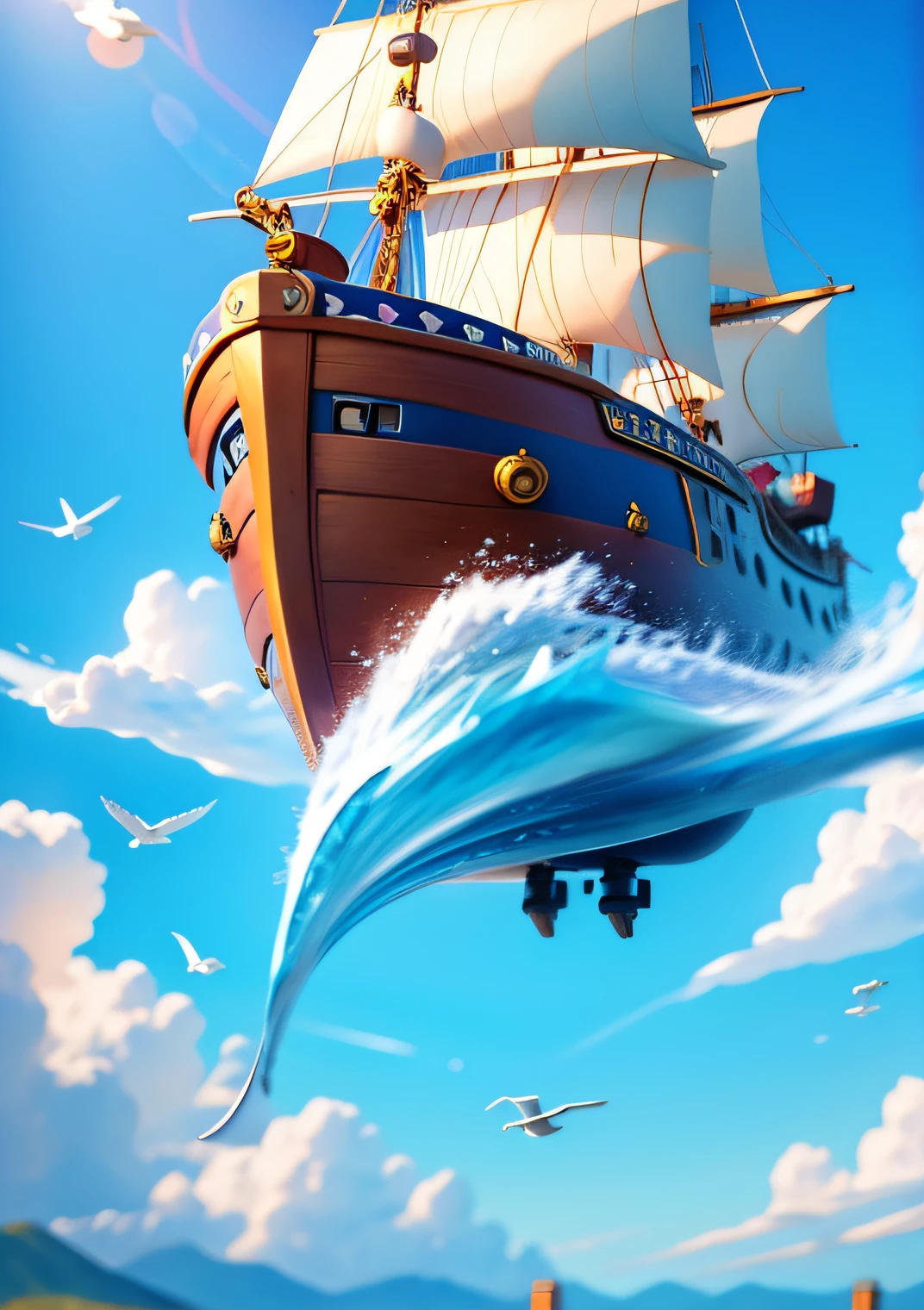 A pirate pilots a pirate ship,Pirate close-up,ssmile, Great white goose,with blue sky and white clouds,,The cabin,deck,seagulls
