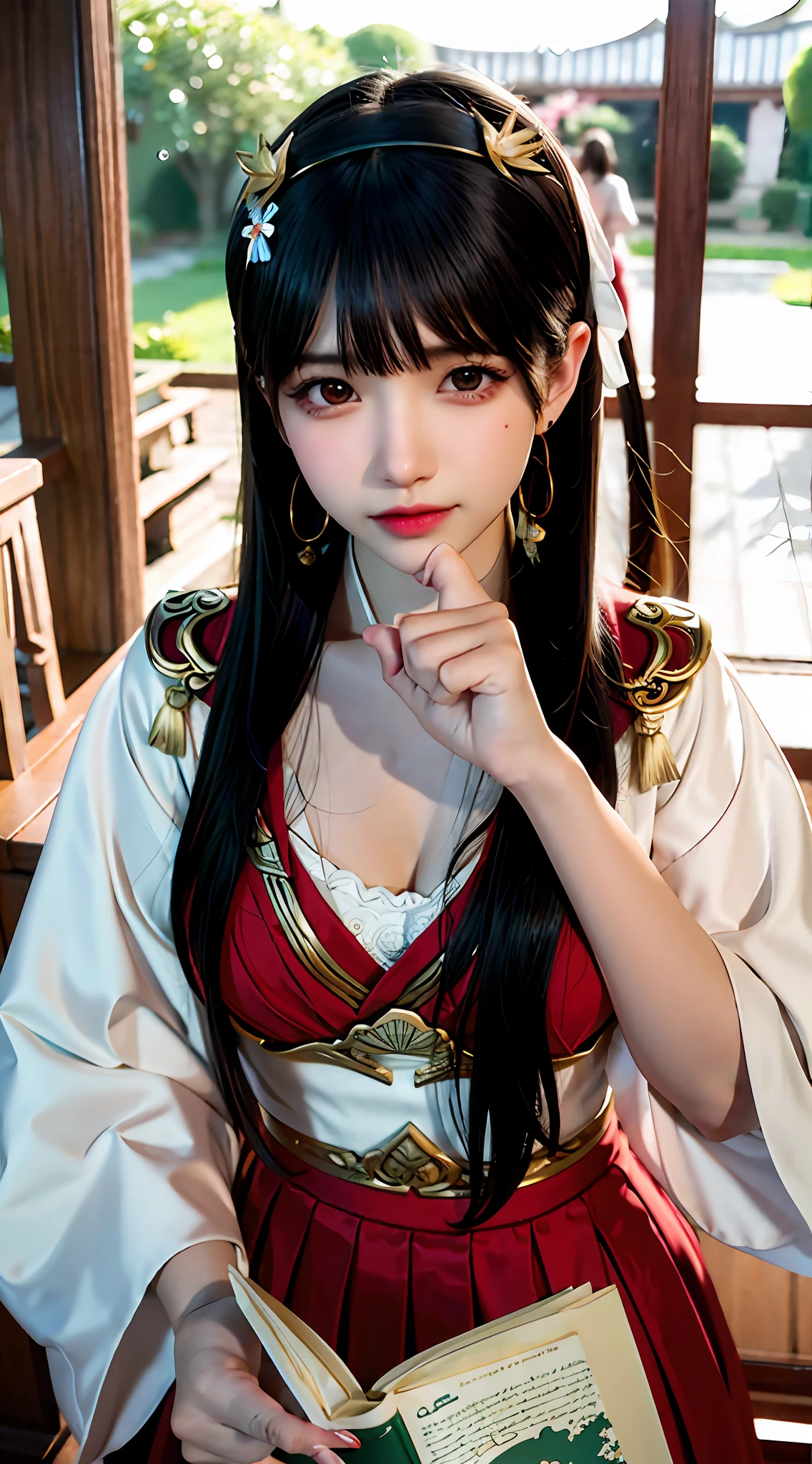 （tmasterpiece，best qualtiy）， 独奏， Detailed doujin art，High-quality doujin art， best photos, 8K quality, 8K Ultra,closeup cleavage，is a slim and cute anime woman，1girll,  独奏，Put on the new clothes of the civilization of the Republic of China，In the lotus pond，The lotus pond is full of lotus flowers，The skirt swayed slightly in the breeze，Holding a book in his hand，face to the viewer, Black hair，鎖骨, trinkets, Red eyes, side locks, Blush, golden hairband, 耳Nipple Ring, shairband, hair adornments, Closed mouth, Very long hair, bangs, Gold earrings，Digital SLR , Soft light，Proportionally accurate