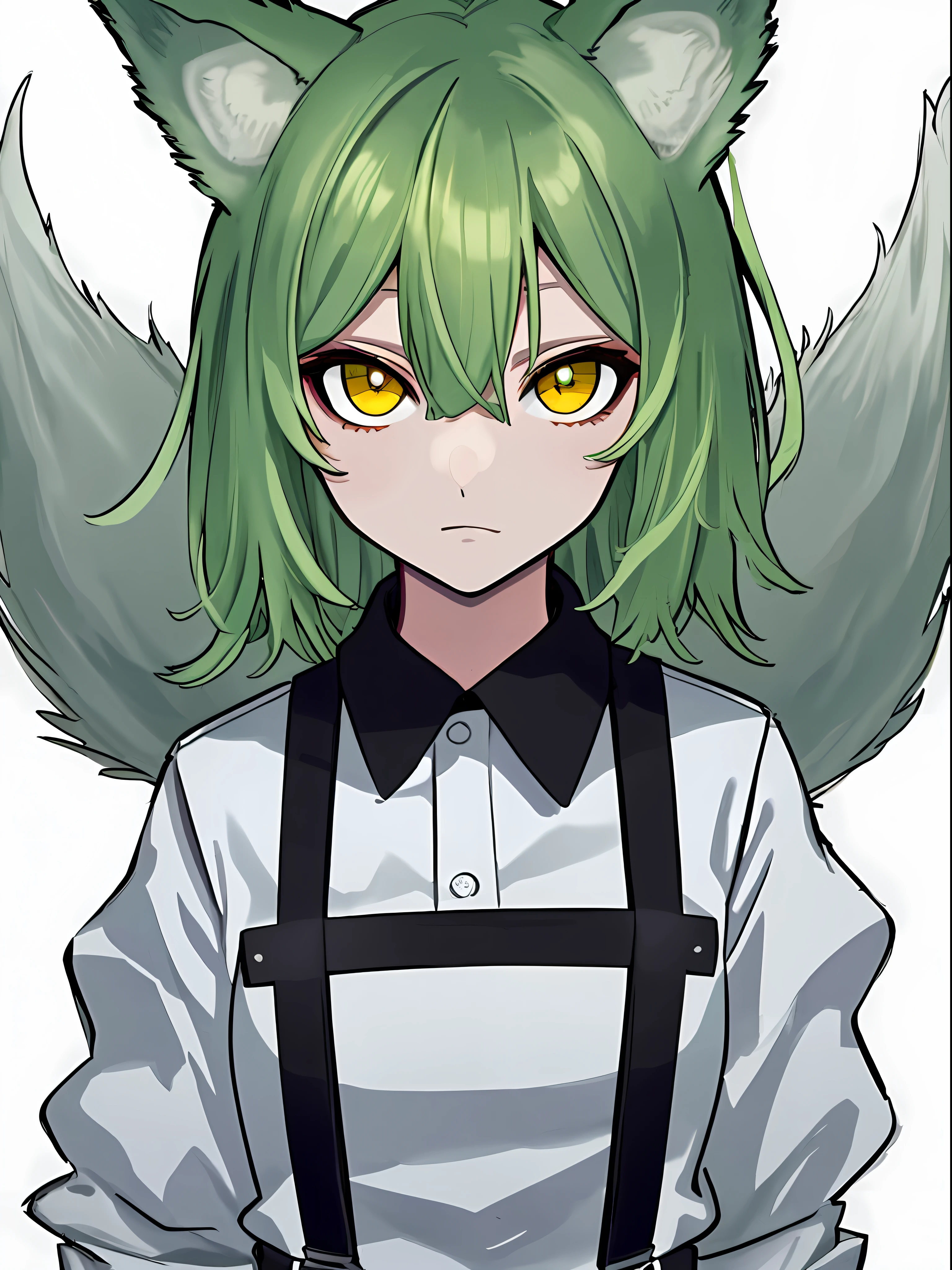 (tmasterpiece:1.2),(best qualtiy:1.2),White background,white shirt, Black skinny suspenders,Light green hair,short detailed hair, Yellow eyes, Wolf ears,Wolf tail, expressiveless,orthofacial,looking at viewert,Elaborate Eyes,Detailed skin,Persona diagram,first person perspective,k hd,super detailing, (best qualtiy, A high resolution),Ultra-high pixel,ultraclear,32K