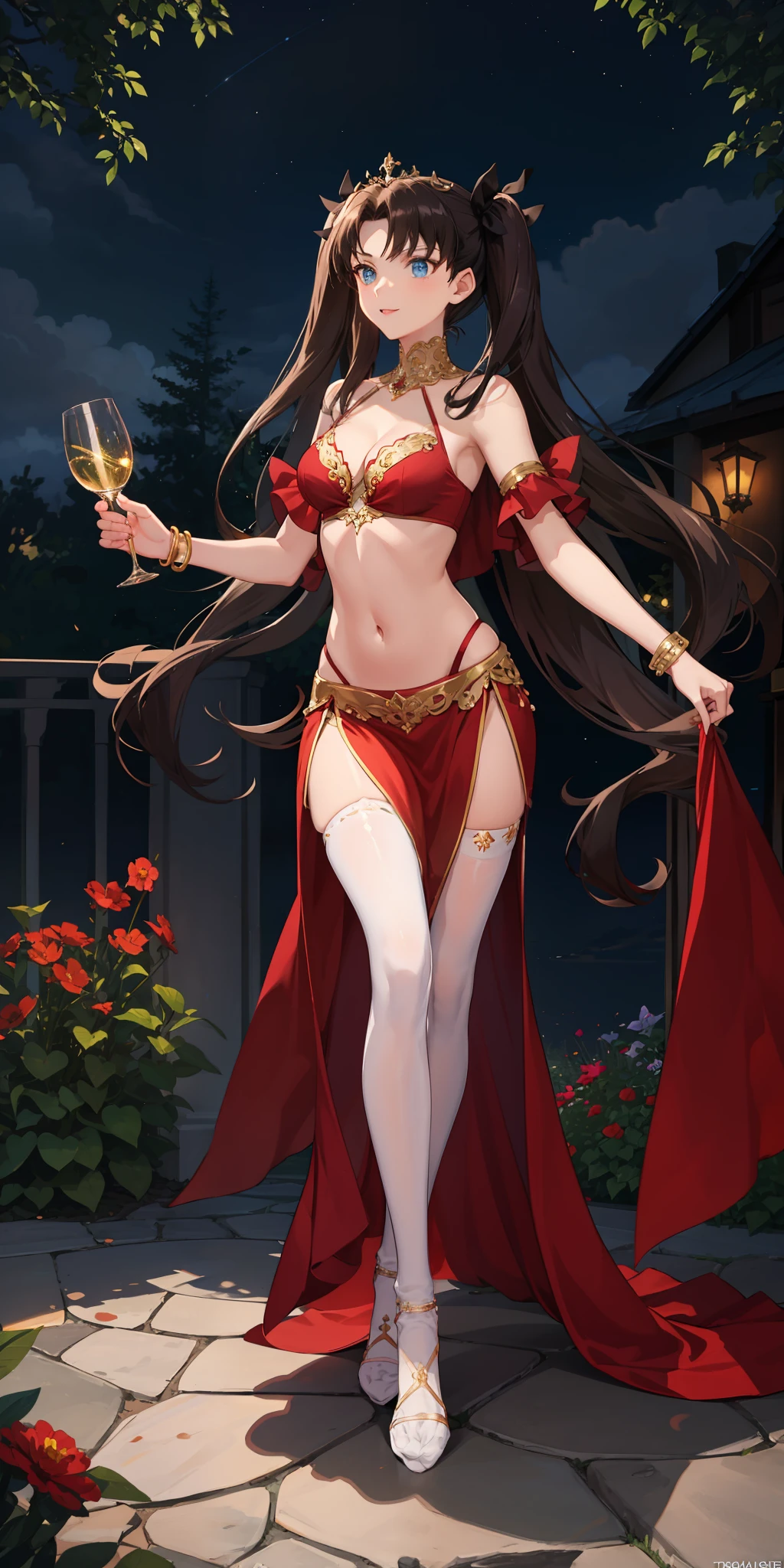 long hair, black hair, medium breast, slim legs, happy, brown gown, cleavage, arabian belly dancer , skirt, rin tohsaka, twin tail, navel, garden, night, blue eyes, tiara, standing, thigh high socks