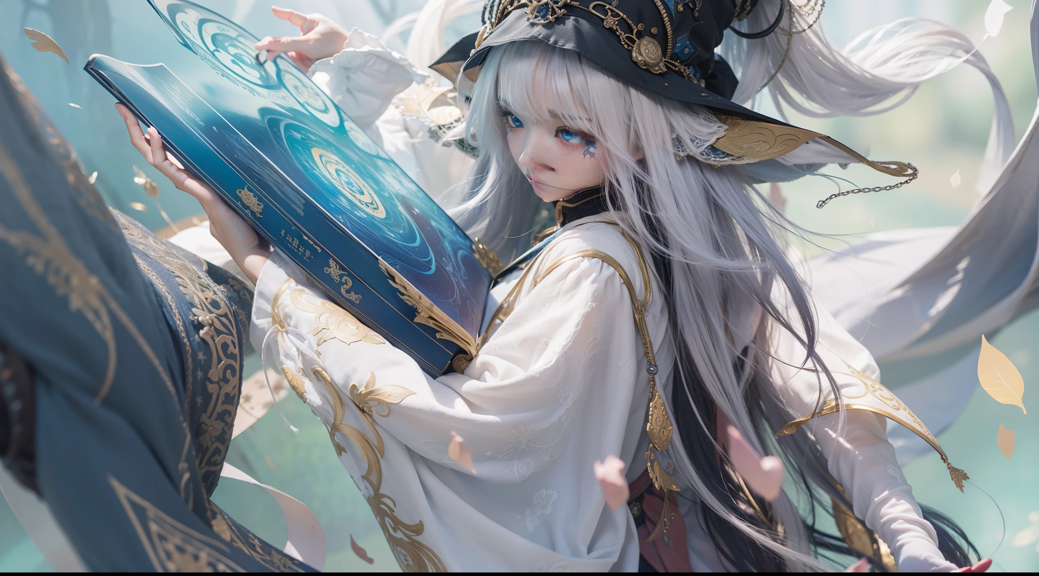 Magic Book,Blood,Night, Dark, (Fantasy),infinite,deep blue sky,The abyss of knowledge,Cowledge,((masutepiece)), (((Best Quality))),((Beautiful fine eyes)),(Eye lashes)、Beautiful girl riding a huge white cat、(女の子1人)、Black hair、The long-haired、abyss eyes、glowy skin、oils、small tits、Perfect human body structure、Wizard robes、tattered cloth、Realistic coat、Teenchi、elvish、Super delicate CG Unity 32k wallpaper、masterpiece, ((ultra-detailliert)), ((illustratio)),colourfull,wall-paper,The energy,Unknown terror,Incomprehensible,Around the magic,Magical surroundings,magic wands,Boken,Flying pages,Know everything,Predict the future、Get to know the past、Infinite wisdom、blue flames、Warlock、magic circles、Pentagram、Spells、mantra、Singing magic