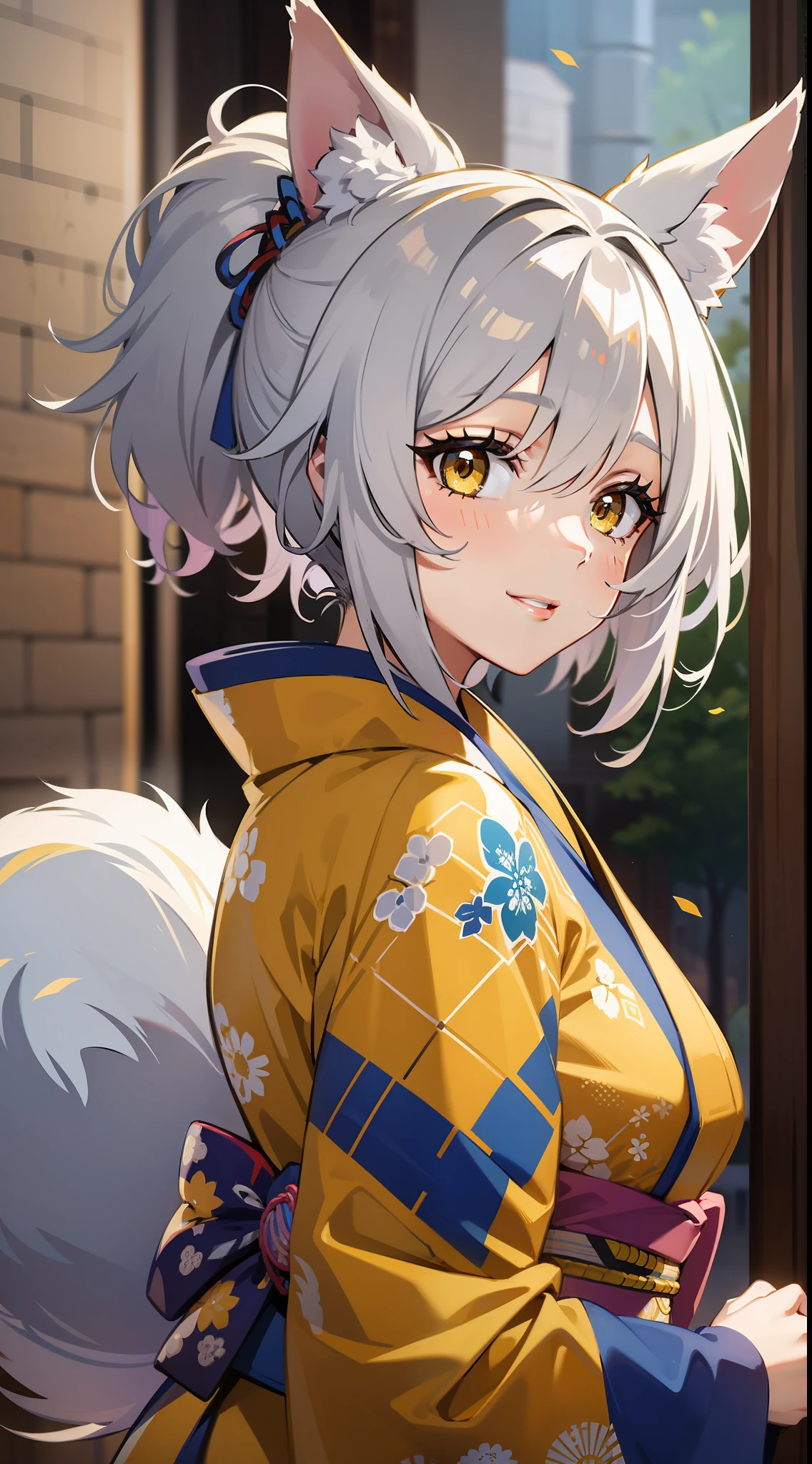 Adult woman, short gray hair, high ponytail, fox ears and tail, Yellow eyes, kimono, ssmile, pomade, Masterpiece, hiquality