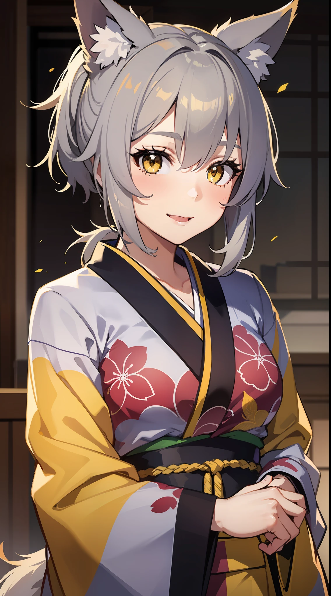 Adult woman, short gray hair, high ponytail, fox ears and tail, Yellow eyes, kimono, ssmile, pomade, Masterpiece, hiquality