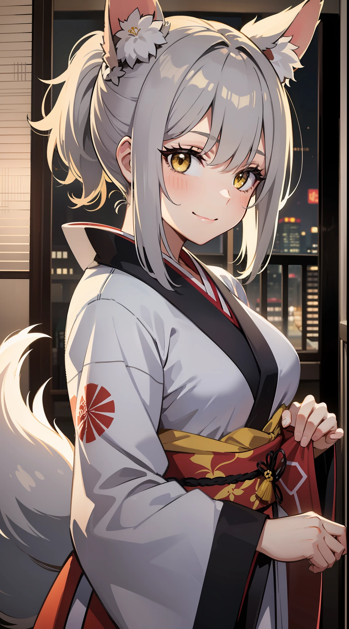 Adult woman, short gray hair, high ponytail, fox ears and tail, Yellow eyes, kimono, ssmile, pomade, Masterpiece, hiquality