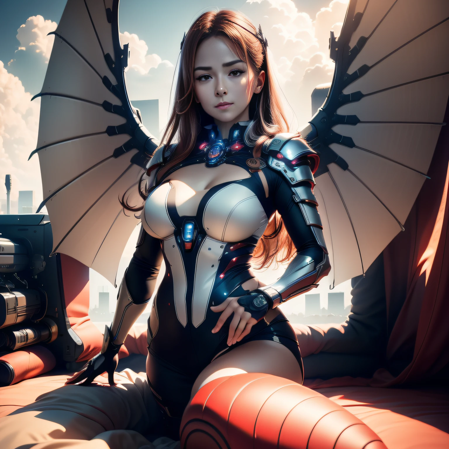 masterpiece, highly detailed CG unified 8K wallpapers, 8k uhd, dslr, high quality, clean, dramatic scene, cinematic lighting, ultra-high resolution, ultra-high detailed, high-definition, wings, cloud, sky,sun,sunlight,floating,flying in the sky