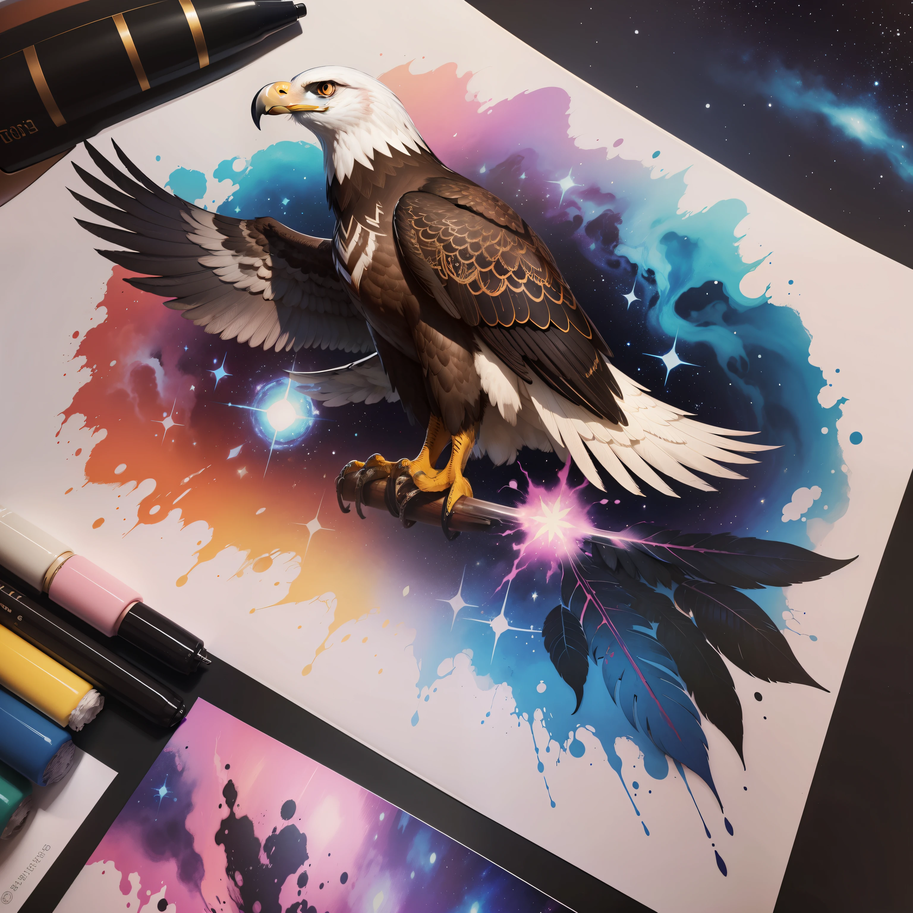 a closeup of an eagle tattoo on the forearm with a galaxy background, cores realistas detalhadas, tatuagem altamente detalhada, com tinta e cor, muito detalhado e colorido, cheio de cores e detalhes ricos, lindo detalhe e cor, altamente detalhado e colorido, realismo super intrincado, Coloridos!! altamente detalhado, tatuagens neotradicionais, Estilo de tatuagem, estilo de tinta, tatuagem realismo, obra-prima realista detalhada