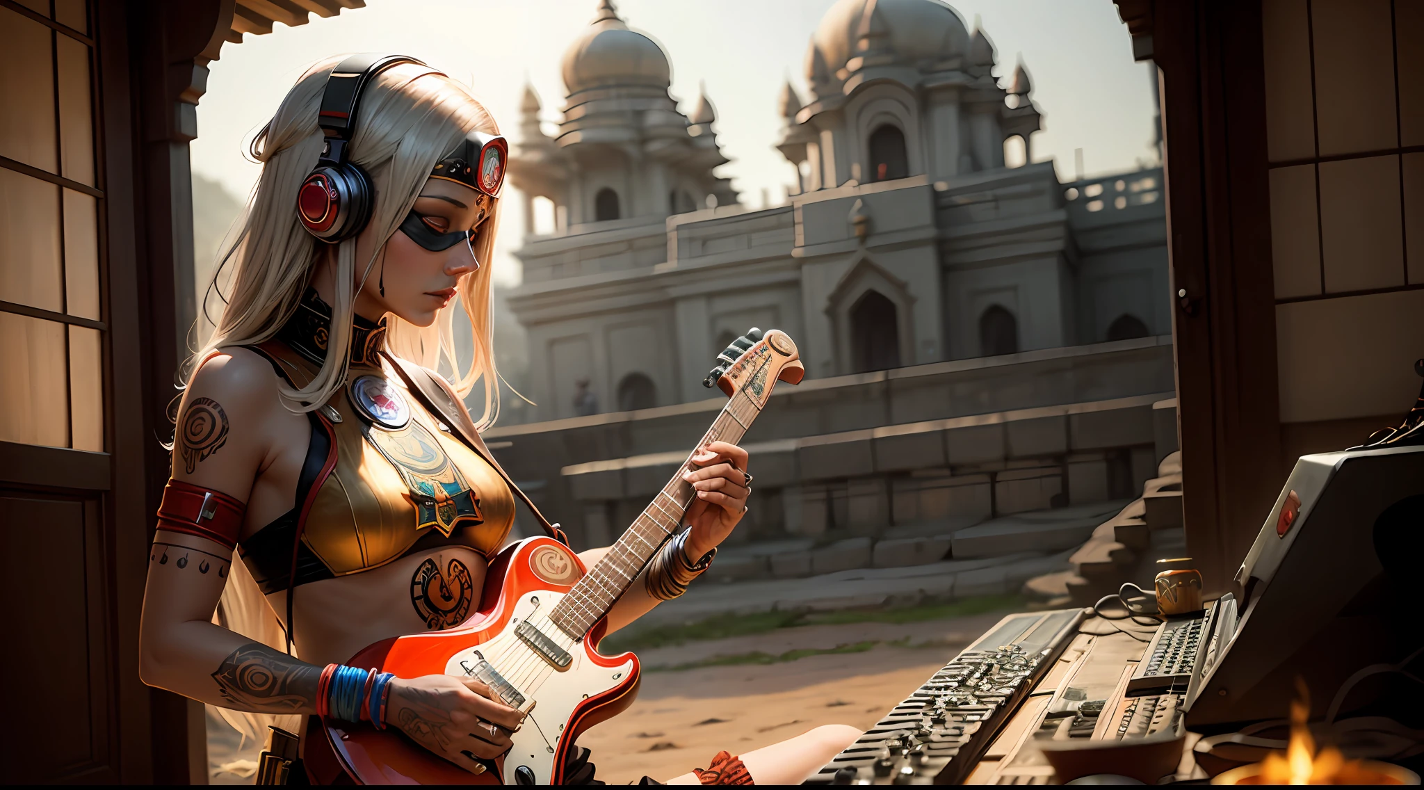 WomanTantric priestess with tattoos and percings and an ironman mask mixing music in a Hindu temple Ultra-realistic photo -- --auto