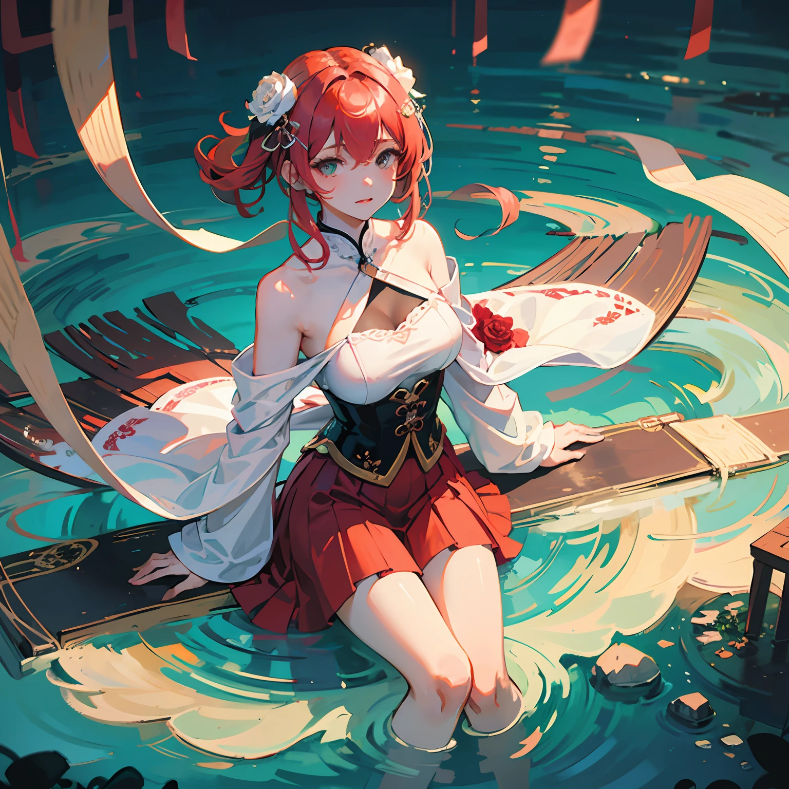 Beautiful country girl，Wears a red rose hair ornament，Dressed in fancy dress，Beautiful details，Intense light and shadow，A beautiful female body，Willow eyebrows，Meticulous eyes，Flowing skirt，floating cloud，water colour，water ink，Harmonious and unified tones，Mood rendering, Perfect art, Fresh color background, Chinese modern artist Qiu Ying style, gentle shadowing, Clear focus, Center composition,, a panoramic view, 32K, -- v 6