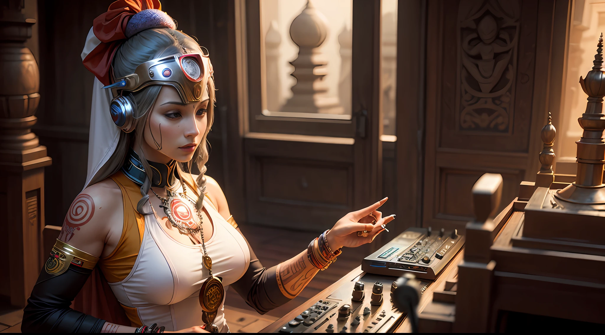 WomanTantric priestess with tattoos and percings and an ironman mask mixing music in a Hindu temple Ultra-realistic photo -- --auto