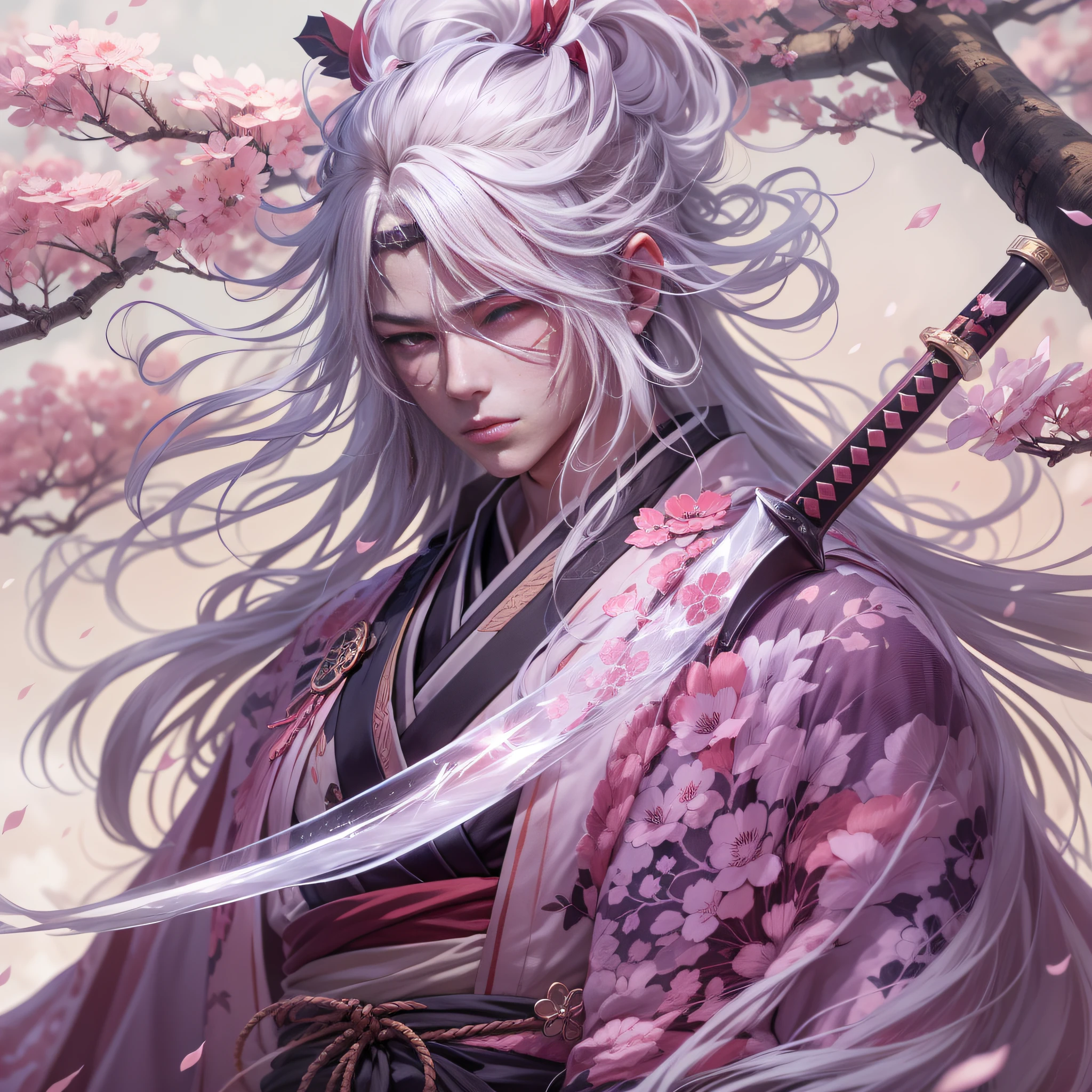 Hyakki Night Line，Ghost log，Yokai Guide，（Kyoto panel painting style），anime figure，White-haired holding a sword in the sky, Onmyoji detailed art, white-haired god, onmyoji, onmyoji portrait, beautiful male god of death, Detailed bushido form smoke, （Anime epic artwork）, Anime fantasy illustration,  detailed anime character art，Pink cherry blossoms fall