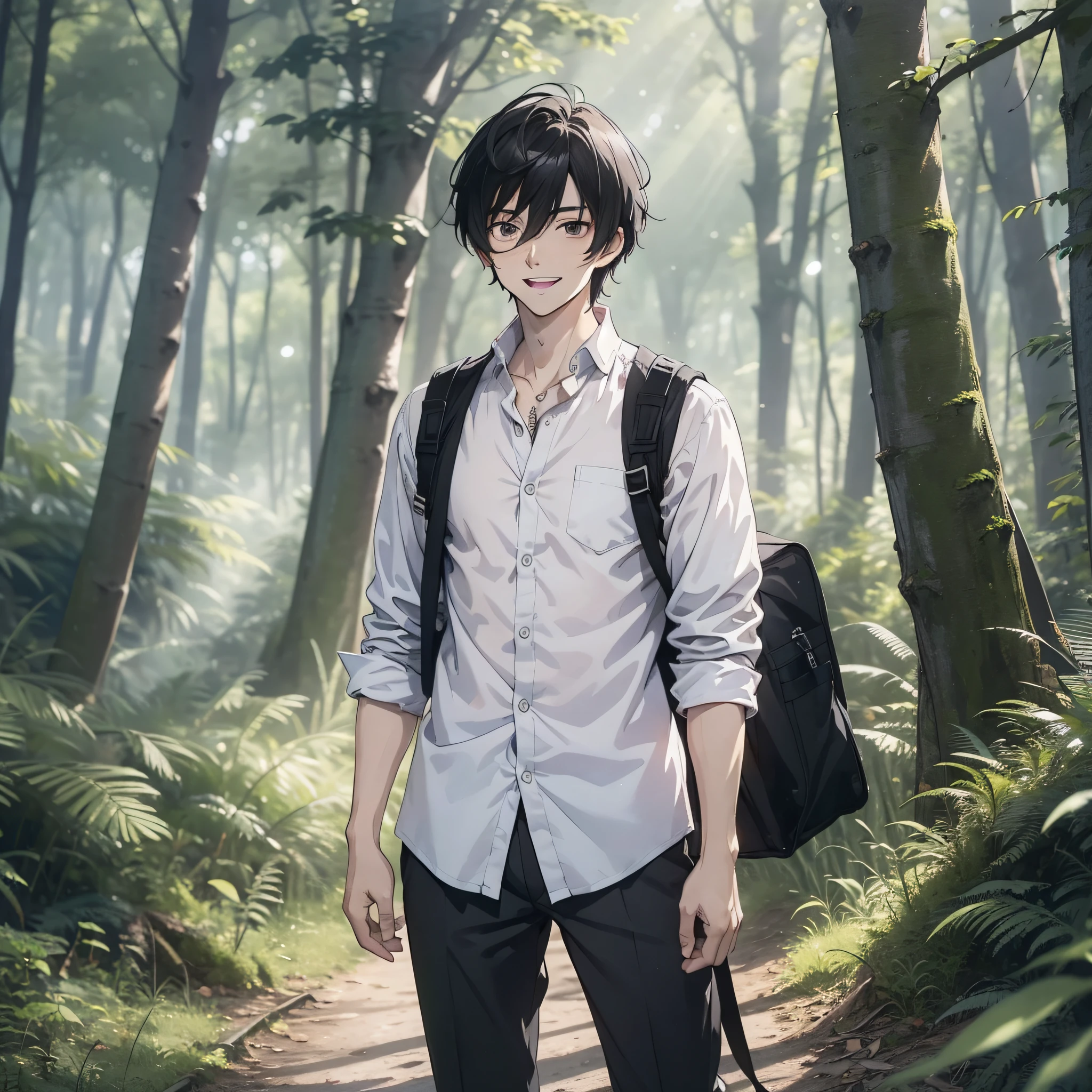 One wearing a white shirt，A man with short black hair about 20 years old standing in the woods（Smile emoticon 1.5）（Open mouth 1.5）（The background is 1 in the woods.5）style of anime4 K，Anime rendering，style of anime。8K，Handsome anime face（Full body display 1.5）（Handsome man 1.3）Cinematic lighting 1.5）（Master masterpieces：1.4）（Ultra-high detail1.5）（Best quality1.5）