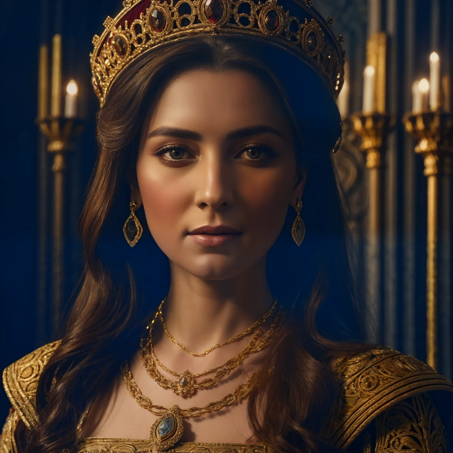 In this photorealistic portrait, Queen Eleanor of Aquitaine, the influential queen consort, graces the scene with her regal presence. Dressed in opulent medieval attire, she exudes an aura of power and elegance, a true representation of her influential role in the royal courts of the Middle Ages. Soft studio lighting casts a warm glow on her features, highlighting the richness of her attire and the depth of her expression. The camera captures a close-up shot with a 70mm lens, ensuring clarity in every intricate detail of the queen's regal features. The resolution is set at 4K, allowing for a highly detailed and immersive portrayal of this iconic historical figure.