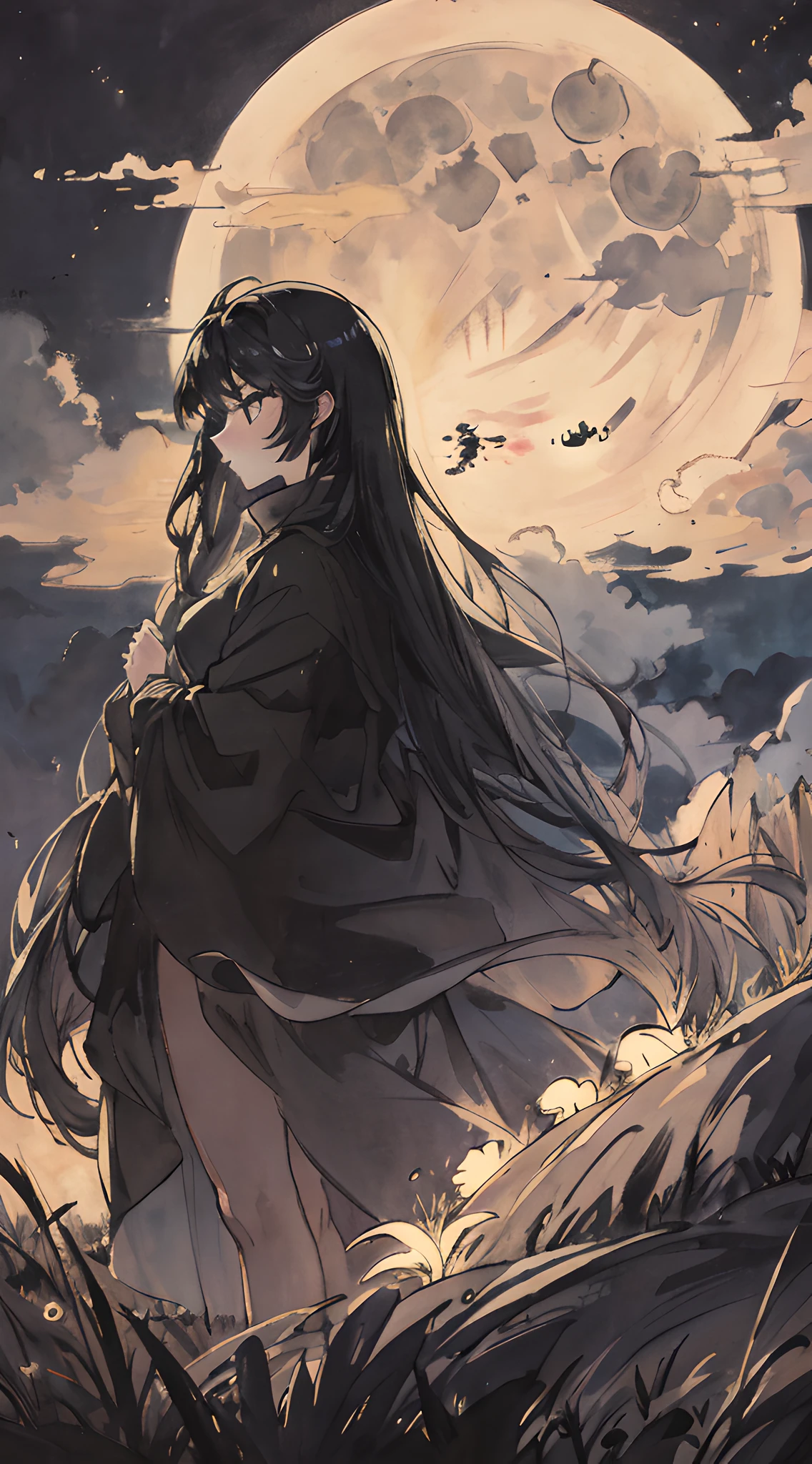 Masterpiece, Best quality, Night, hill, Clouds, full moon, Long hair, woman, Silhouette, glowworm.