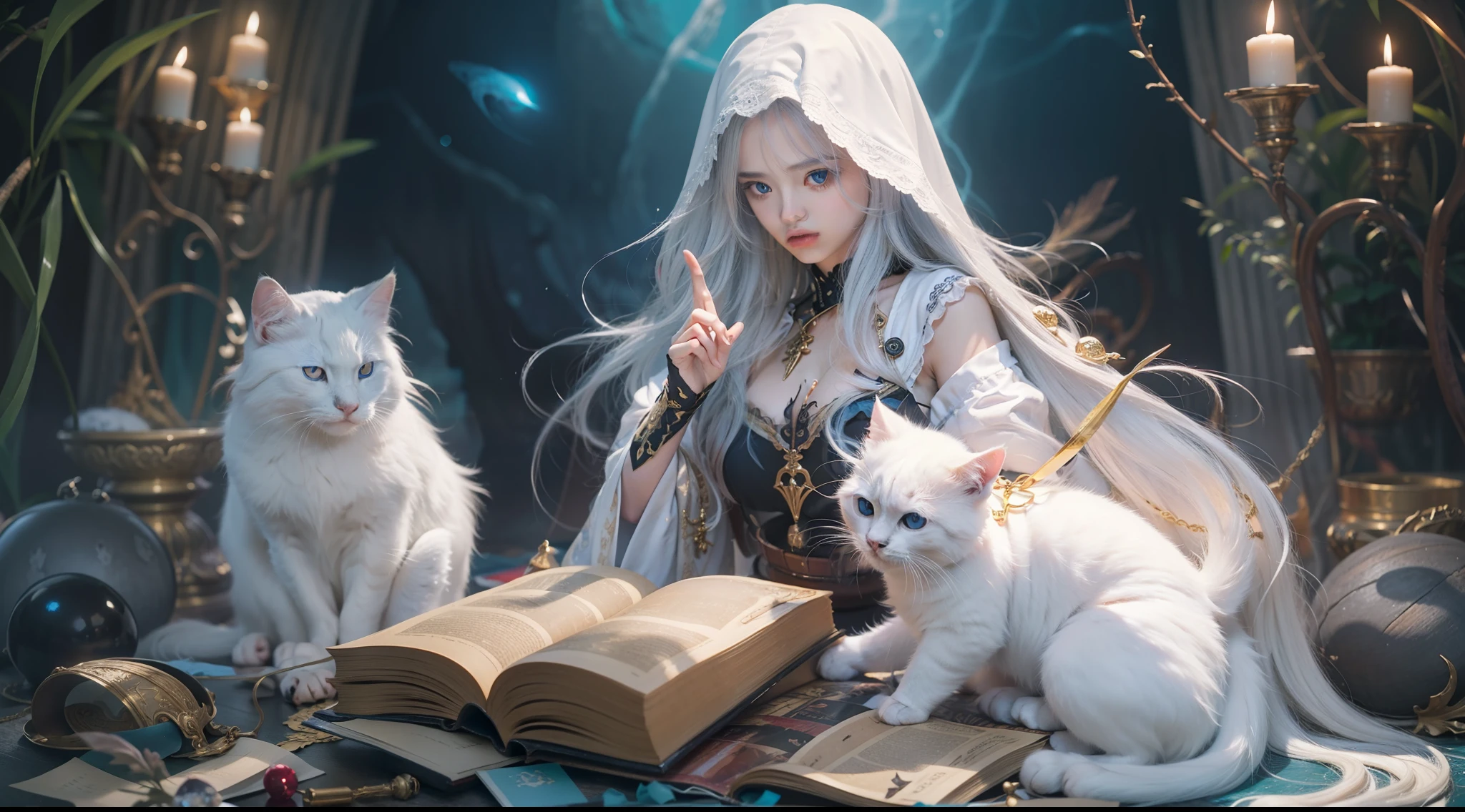 Magic Book,Blood,Night, Dark, (Fantasy),infinite,deep blue sky,The abyss of knowledge,Cowledge,((masutepiece)), (((Best Quality))),((Beautiful fine eyes)),(Eye lashes)、Beautiful girl riding a huge white cat、(女の子1人)、Black hair、The long-haired、abyss eyes、glowy skin、oils、small tits、Perfect human body structure、Wizard robes、tattered cloth、Realistic coat、Teenchi、elvish、Super delicate CG Unity 32k wallpaper、​masterpiece, ((ultra-detailliert)), ((illustratio)),colourfull,wall-paper,The energy,Unknown terror,Incomprehensible,Around the magic,Magical surroundings,magic wands,Boken,Flying pages,Know everything,Predict the future、Get to know the past、Infinite wisdom、blue flames、Warlock、magic circles、Pentagram、Spells、mantra、Singing magic