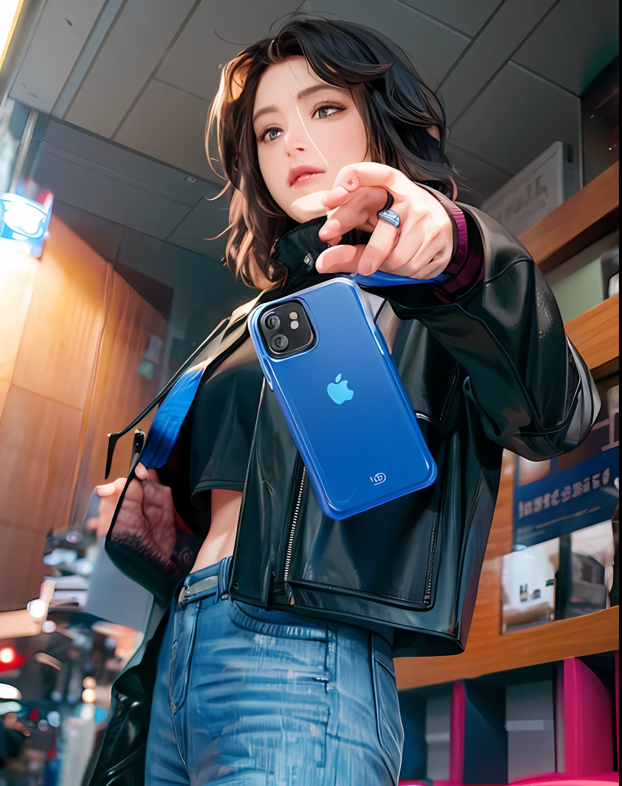 A woman in a black jacket holds a blue iPhone case, f / 2 0, 🤬 🤮 💕 🎀, hold up smartphone, she is holding a smartphone, iPhone 12, with apple, bottom angles, iphone in hand, medium shot taken from behind, close up portrait shot, cell cover style, Case, sony nicon iphone 1 3 pro max, cover shot
