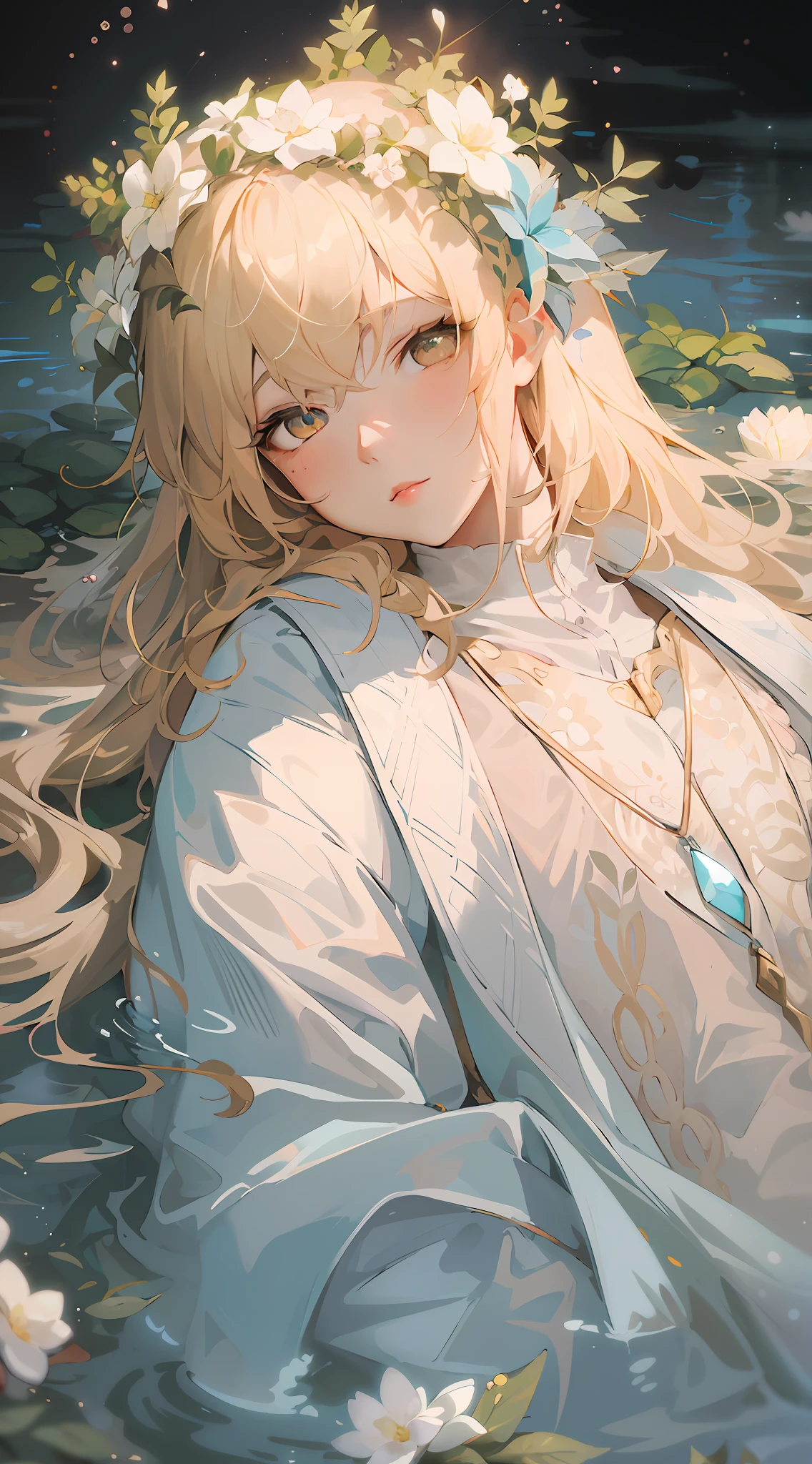 Anime man with flowers in hair in water pond, Beautiful Anime Portrait, Blonde anime man with long hair, Detailed Digital Anime Art, Detailed portrait of a man in anime, soft anime illustration, guweiz on pixiv artstation, artwork in the style of guweiz, Anime art wallpaper 8k, guweiz on artstation pixiv