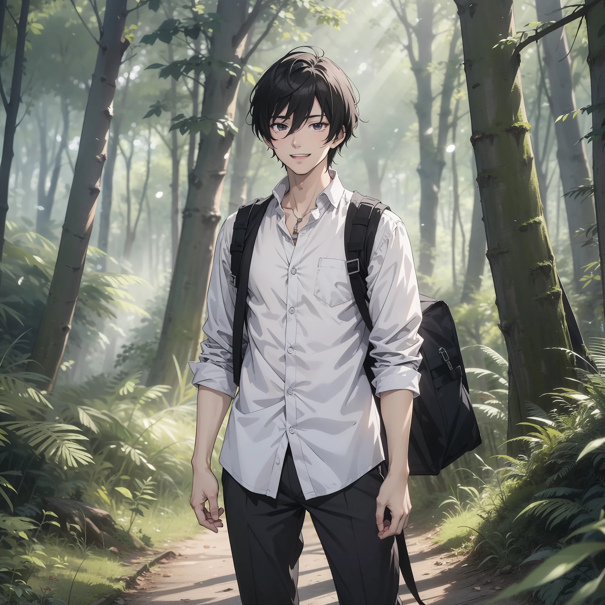 One wearing a white shirt,A man with short black hair about 20 years old standing in the woods(Smile emoticon 1.5)(Open mouth 1.5)(The background is 1 in the woods.5)style of anime4 K,Anime rendering,style of anime。8K,Handsome anime face(Full body display 1.5)(Handsome man 1.3)Cinematic lighting 1.5)(Master masterpieces:1.4)(Ultra-high detail1.5)(Best quality1.5)
