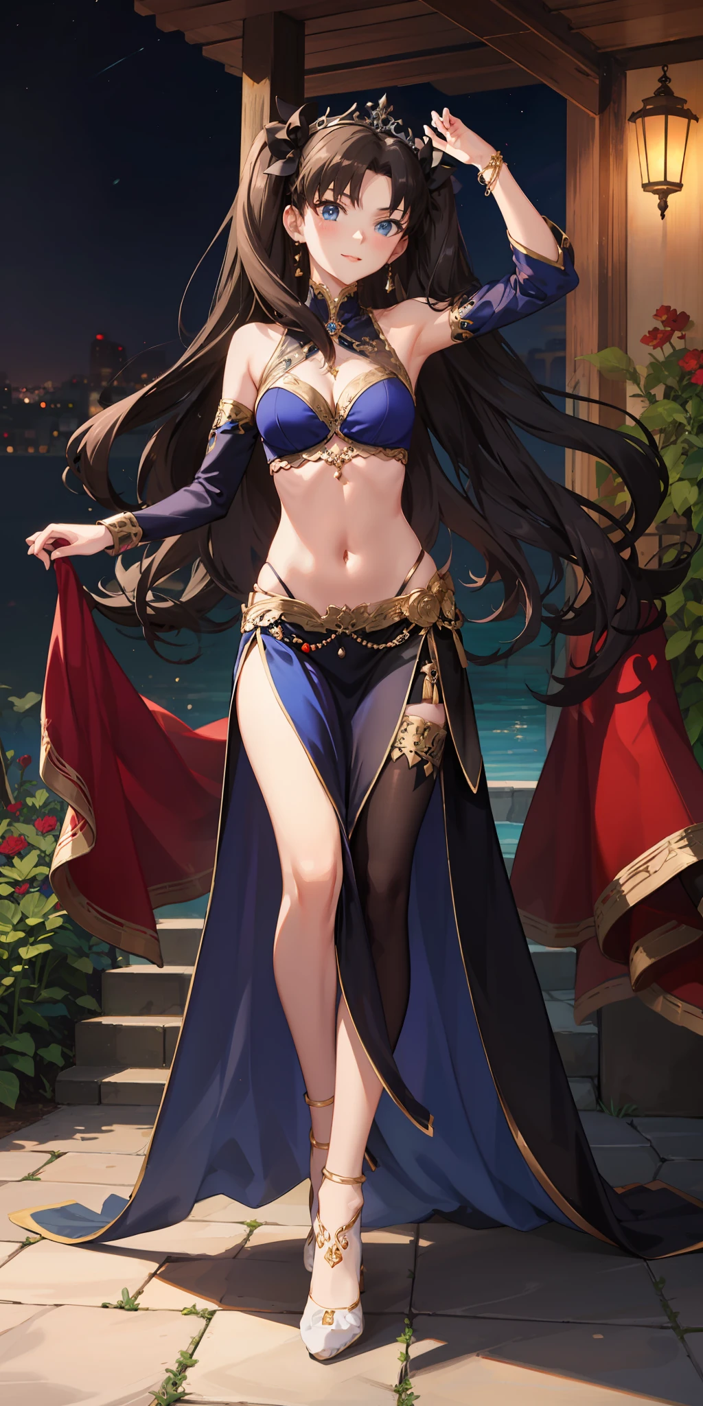 long hair, black hair, medium breast, slim legs, happy, bluish gown, cleavage, arabian belly dancer , skirt, rin tohsaka, twin tail, navel, garden, night, blue eyes, tiara, standing, thigh high socks