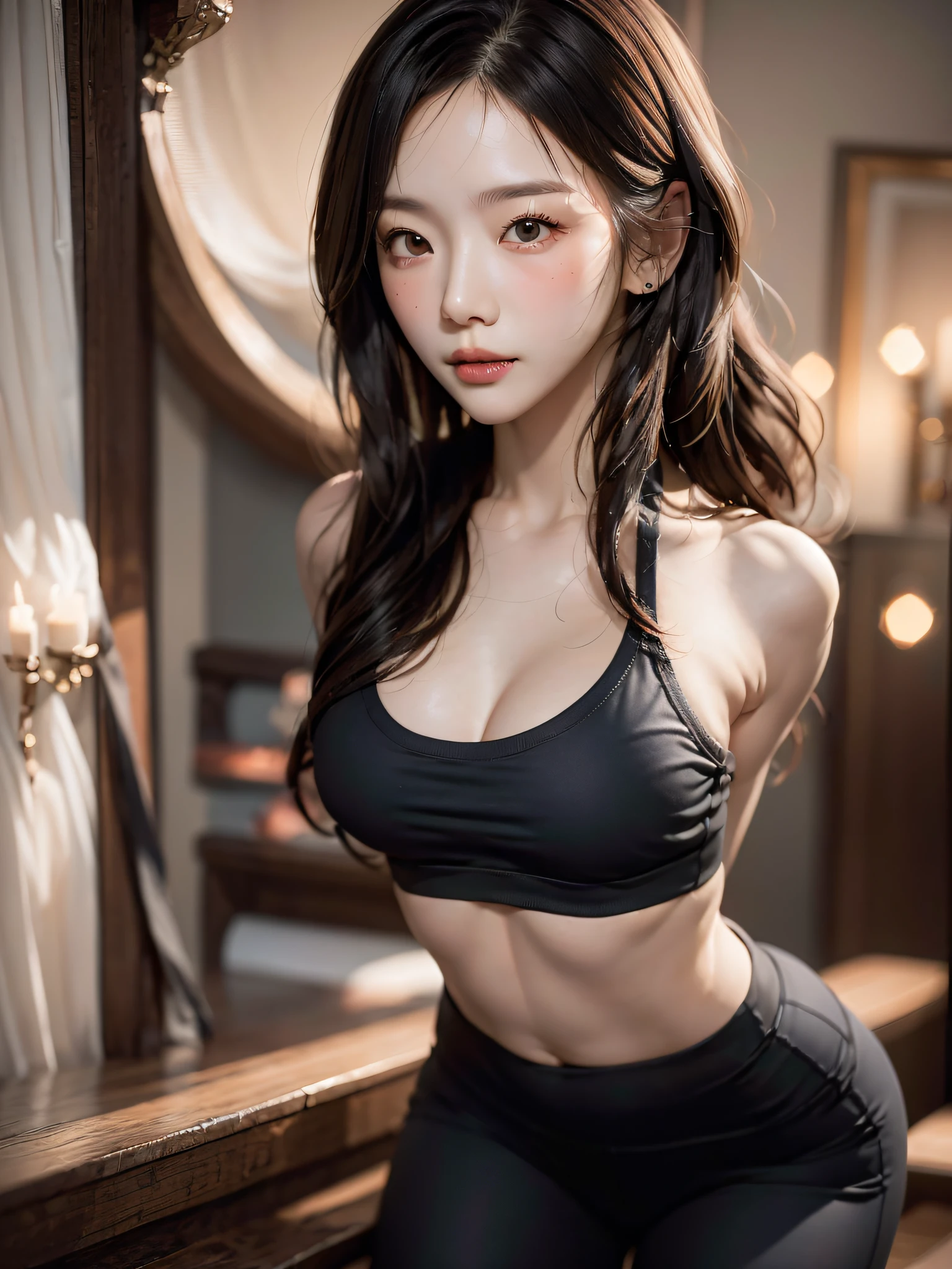 film photography, 1girl, tight yoga pants, crop tops, medium breast, full body, drunk blush, wavy shoulder-length hair, serene, calm, (realistic detailed eyes, natural skin texture, realistic face details), soft dramatic lighting, depth of field, bokeh, vibrant details, finely detailed, hyperrealistic