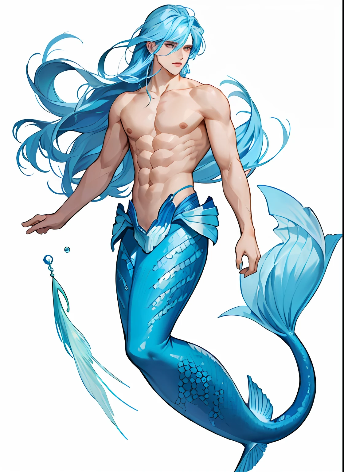 Full body standing painting,tmasterpiece,European facial features,male people,Long powder blue hair,The upper body is the abs of the human body,The lower body is the tail of a mermaid,scutes,