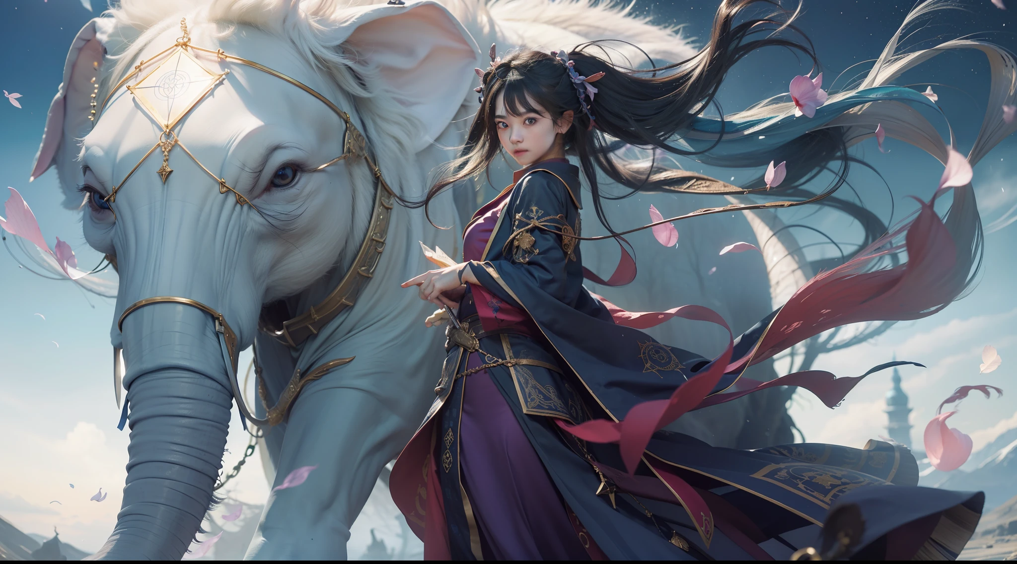Magic Book,Blood,Night, Dark, (Fantasy),infinite,deep blue sky,The abyss of knowledge,Cowledge,((masutepiece)), (((Best Quality))),((Beautiful fine eyes)),(Eye lashes)、Beautiful girl riding a huge white elephant、(女の子1人)、Black hair、The long-haired、abyss eyes、glowy skin、oils、small tits、Perfect human body structure、Wizard robes、tattered cloth、Realistic coat、Teenchi、elvish、Super delicate CG Unity 32k wallpaper、masterpiece, ((ultra-detailliert)), ((illustratio)),colourfull,wall-paper,The energy,Unknown terror,Incomprehensible,Around the magic,Magical surroundings,magic wands,Boken,Flying pages,Know everything,Predict the future、Get to know the past、Infinite wisdom、blue flames、Warlock、magic circles、Pentagram、Spells、mantra、Singing magic