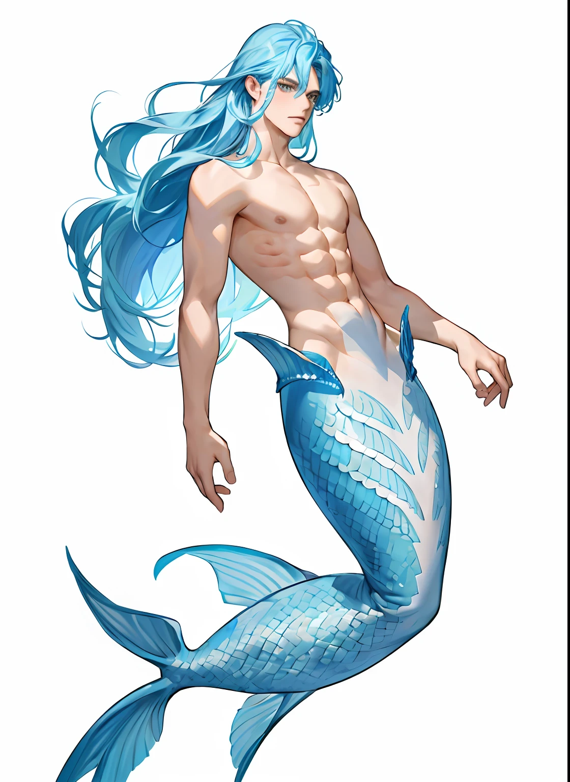 Full body standing painting,tmasterpiece,European facial features,male people,Long powder blue hair,The upper body is the abs of the human body,The lower body is the tail of a mermaid,scutes,