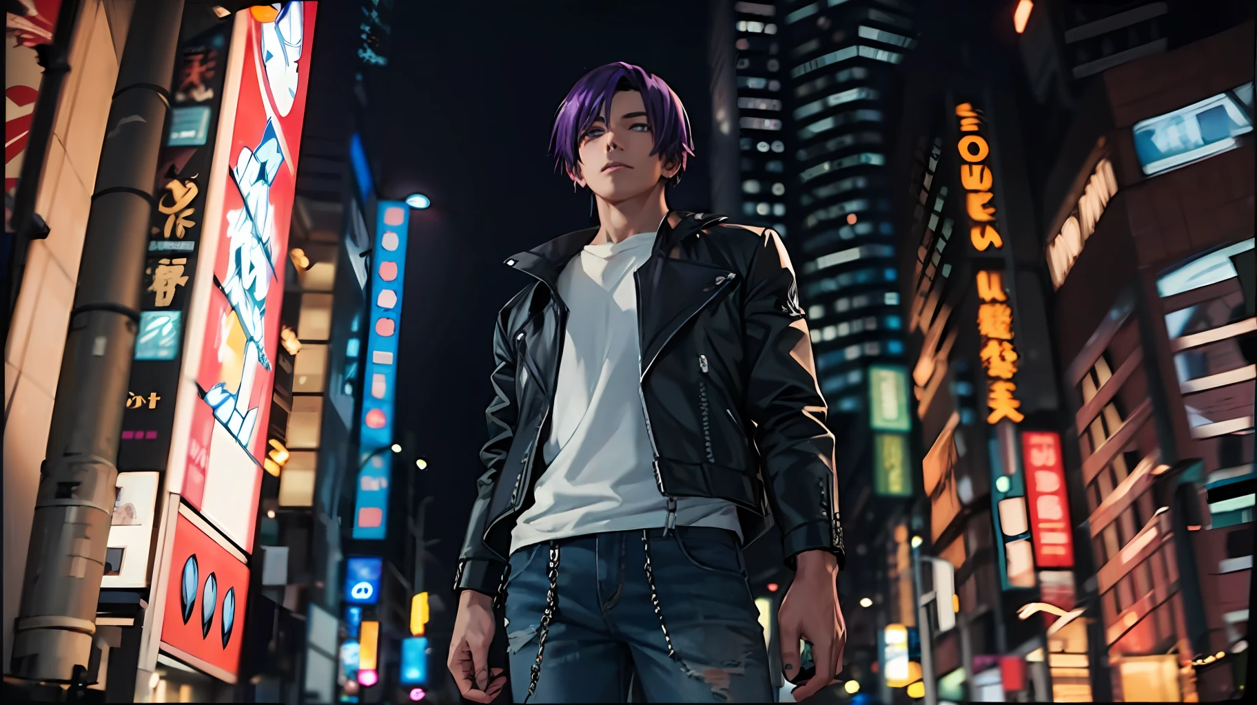 high-detail、top-quality、Purple haired young man