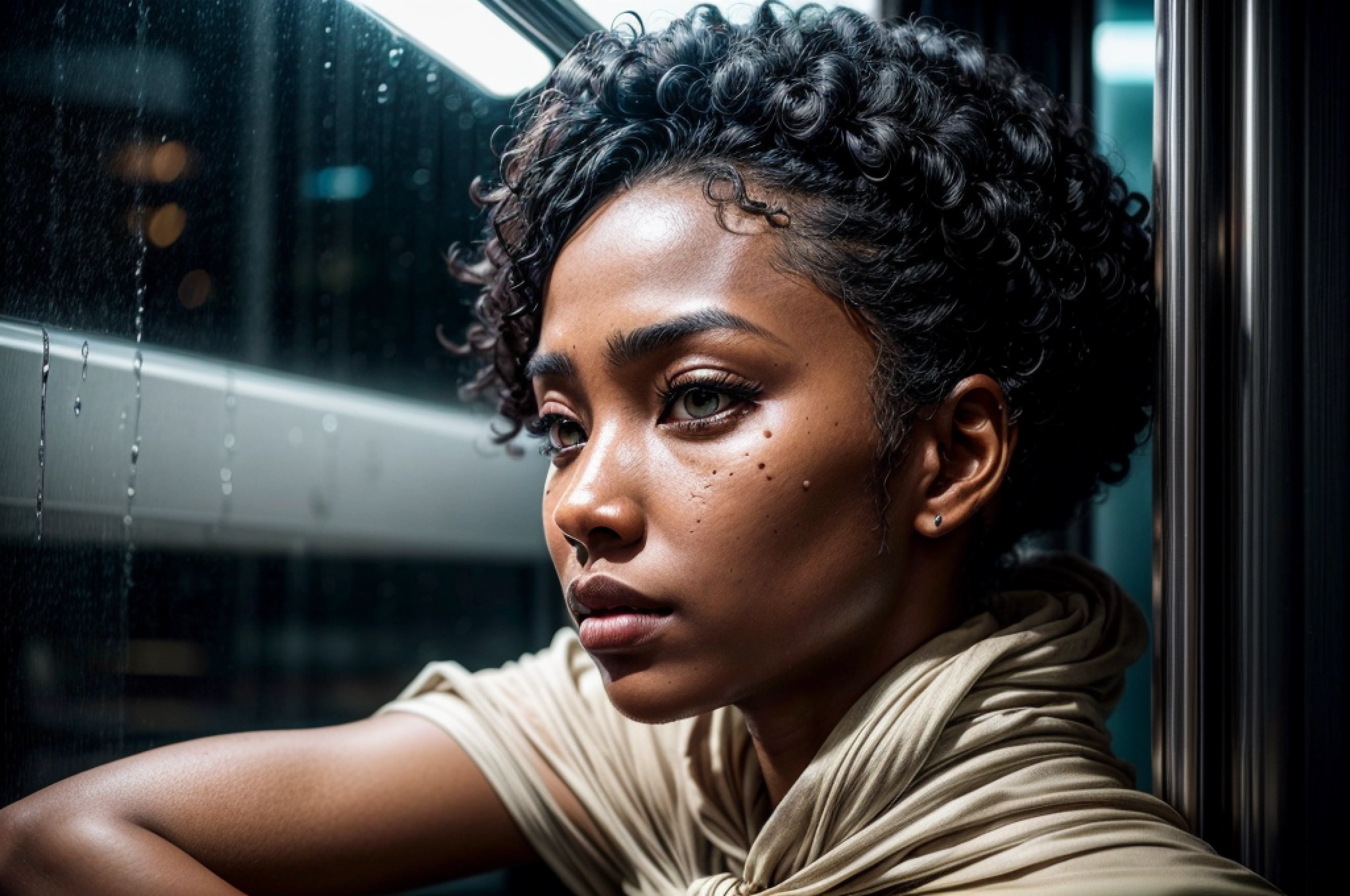 A stunning ebony woman can be seen peering out the window at the distant jungle, in the futuristic CyberpunkAI spacecraft. The woman has (black skin), tan skin, juicy lips, bimbo lips, kissable lips, large green eyes (short curly black hair), (flawless face), cute face, oiled skin, tan, intricate eye detail, chubby face, sunburnt ebony skin, detailed (wrinkles, blemishes!, folds!, moles, viens, pores!!, skin imperfections:1.1), she od very tired. Her face is close to the glass, looks though the windows, his hands resting against the glass. You can see spend great exhaustion on her the face. Face in profile, Profile photo shoulder frame. Perfect hands, (she is wrapped in a sheet), She is naked, wet skin. The neon interior of the futuristic ship is white and black. rain wet glass outside, midnight