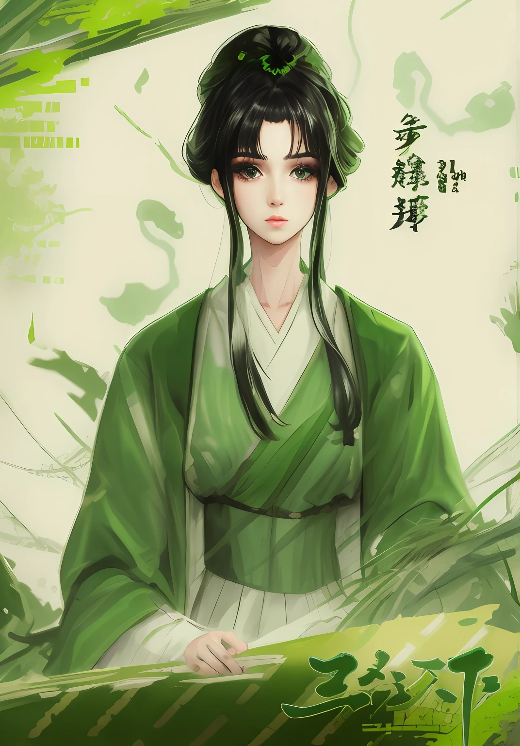 Green clothes,beautiful face,The background does not change,Beautuful Women,enchanting,Black hair,long whitr hair