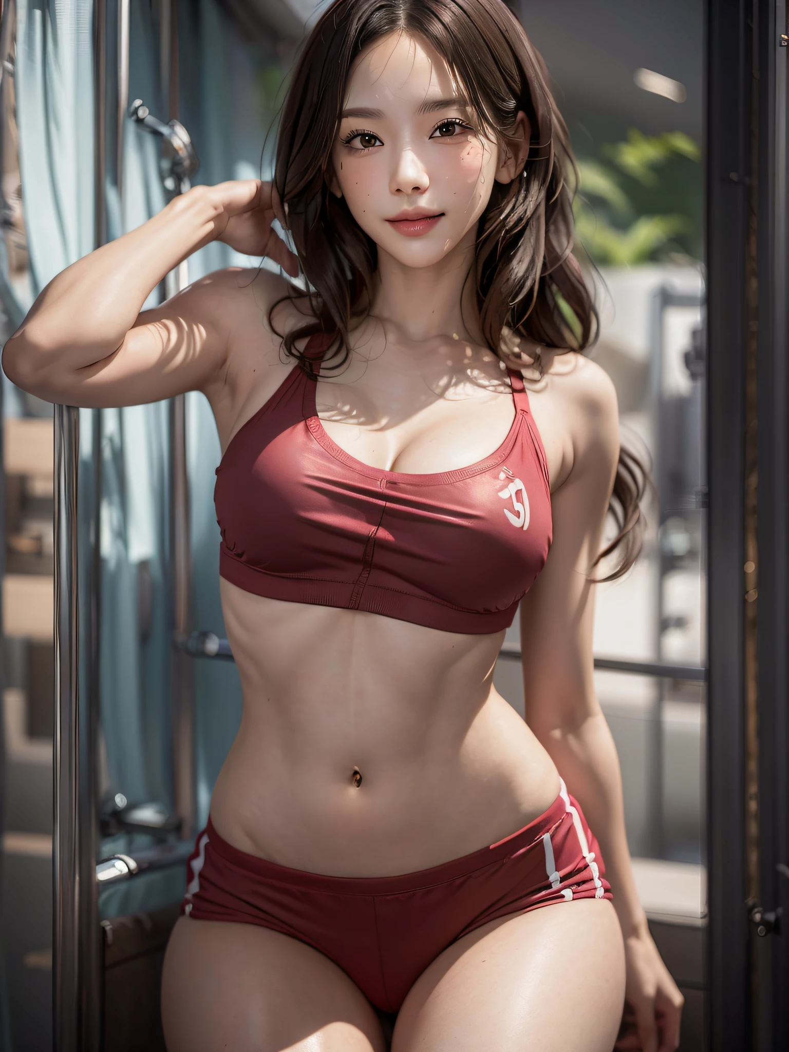 film photography, 1girl, sexy pose,(( gym uniform,breasts slit, navel)), seductive smile, medium breast, full body, drunk blush:1.5, wavy shoulder-length hair, serene, calm, (realistic detailed eyes, natural skin texture, realistic face details), soft dramatic lighting, depth of field, bokeh, vibrant details, finely detailed, hyperrealistic
