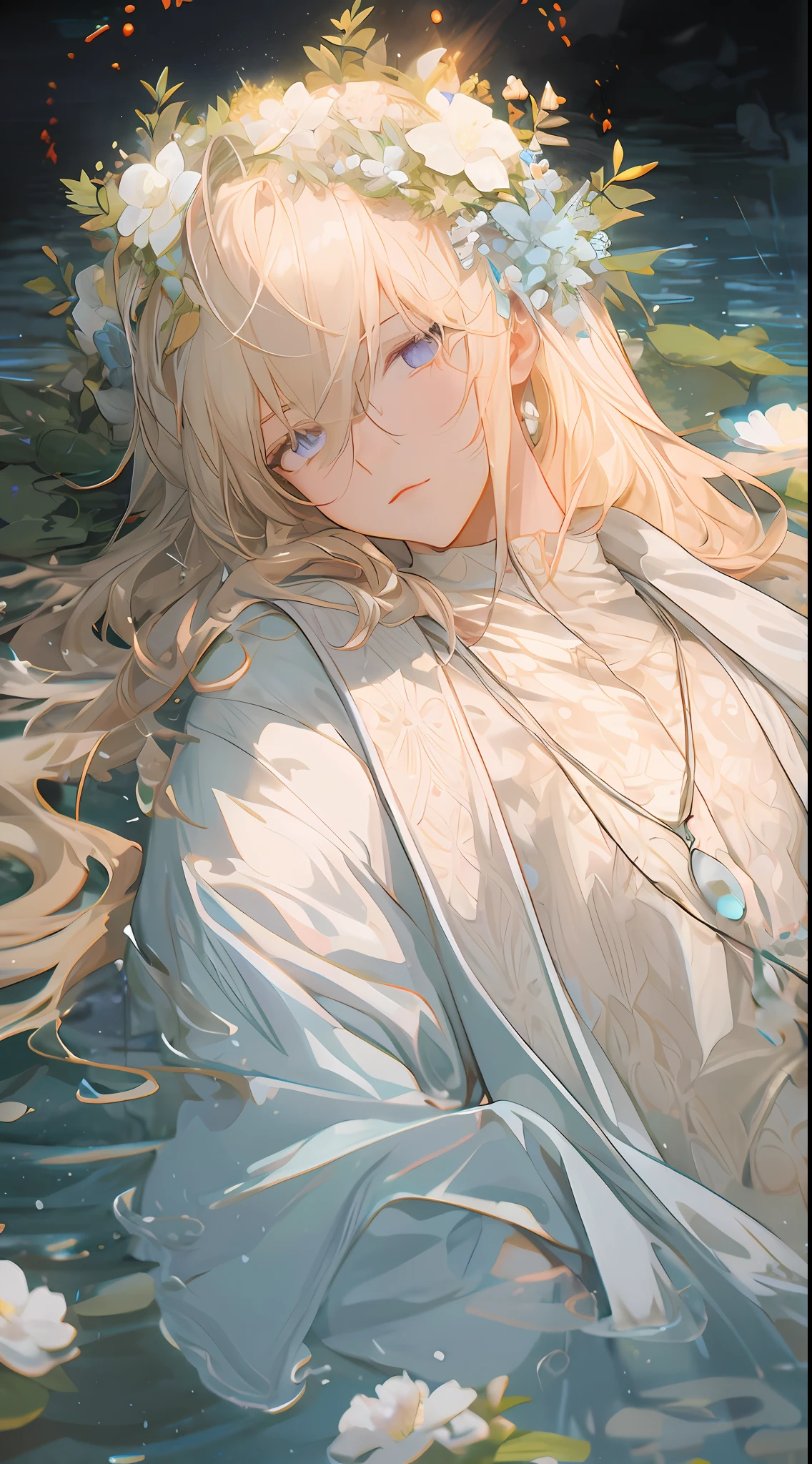 Anime man with long hair and flowers floating in water, Violet Evergarden, Detailed Digital Anime Art, flowing hair and long robes, Beautiful Anime Portrait, Blonde anime guy with long hair, clean detailed anime art, soft anime illustration, Trending on ArtStation pixiv, portrait of magical blond prince, guweiz on pixiv artstation, digital anime illustration