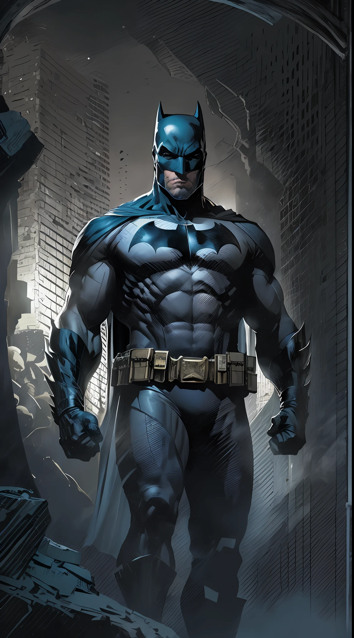 1 man, solo, Ben Affleck as Batman, tall, hunk, muscular, bulk, wide shoulder, photorealism, dark dirty grey suit, dark grey arms, black gloves, best quality, masterpiece, high resolution:1.2, black cape, high detailed mask, high detailed suit, high detailed face, award winning, night time, a dark cave in the background, indoors