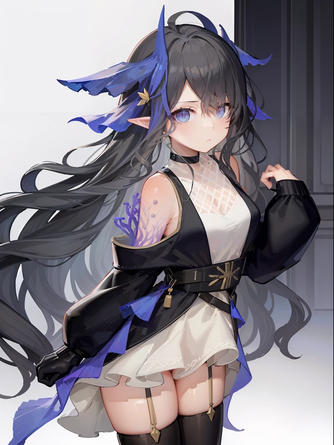 masterpiece, perfect, 1girl, long hair, white thighhighs, black hair,coral,pointy ears, blue horns,grey eyes, blue eyes, multicolored hair,head fins