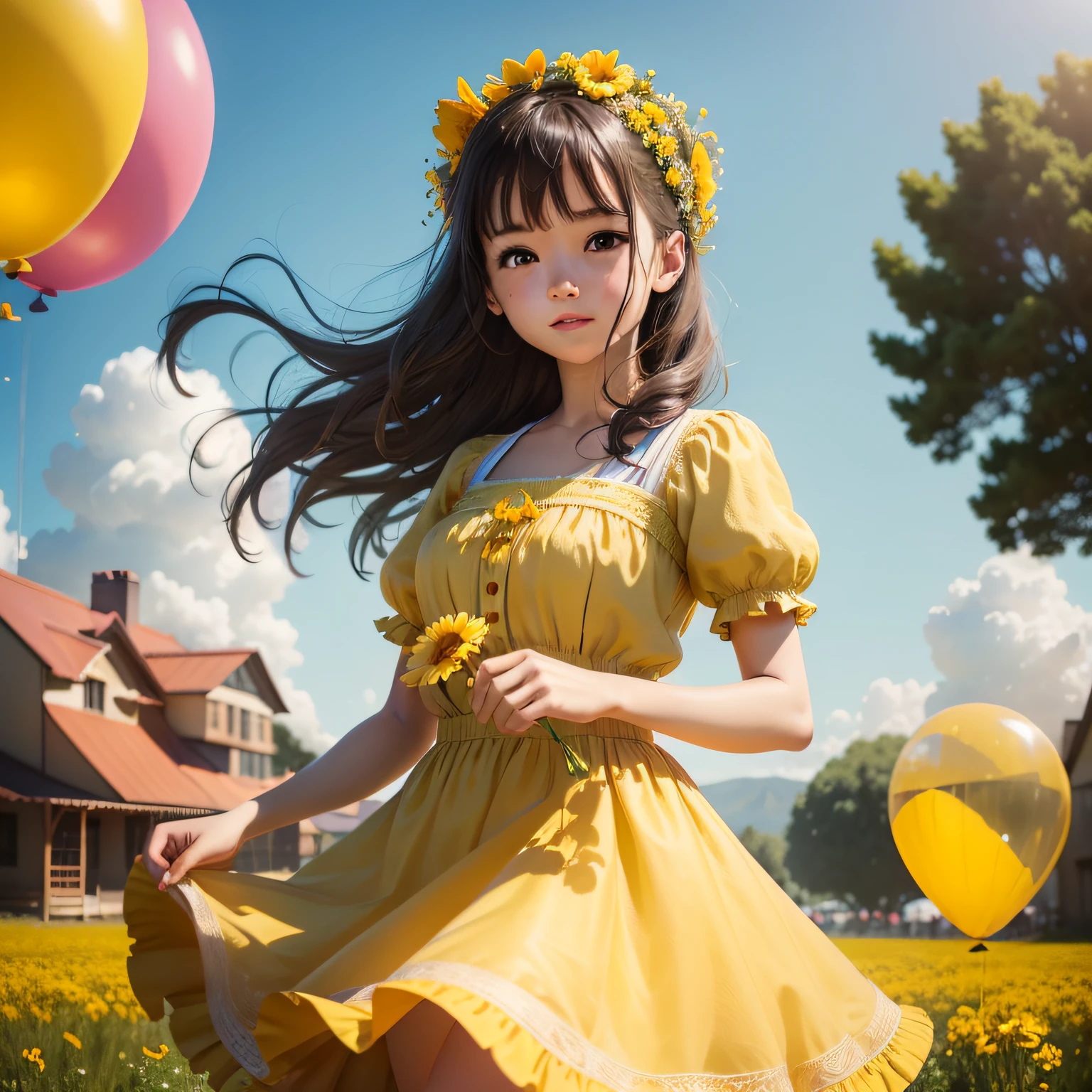 A girl holding yellow flowers, colorful balloons floating in the sky, meadow, dancing, holding flowers, happy, happy, perfect quality, clear focus (clutter-home: 0.8), (masterpiece: 1.2) (Realistic: 1.2) (Bokeh) (Best quality) (Detailed skin: 1.3) (Intricate details) (8K) (Detail Eyes) (Sharp Focus), (Happy)