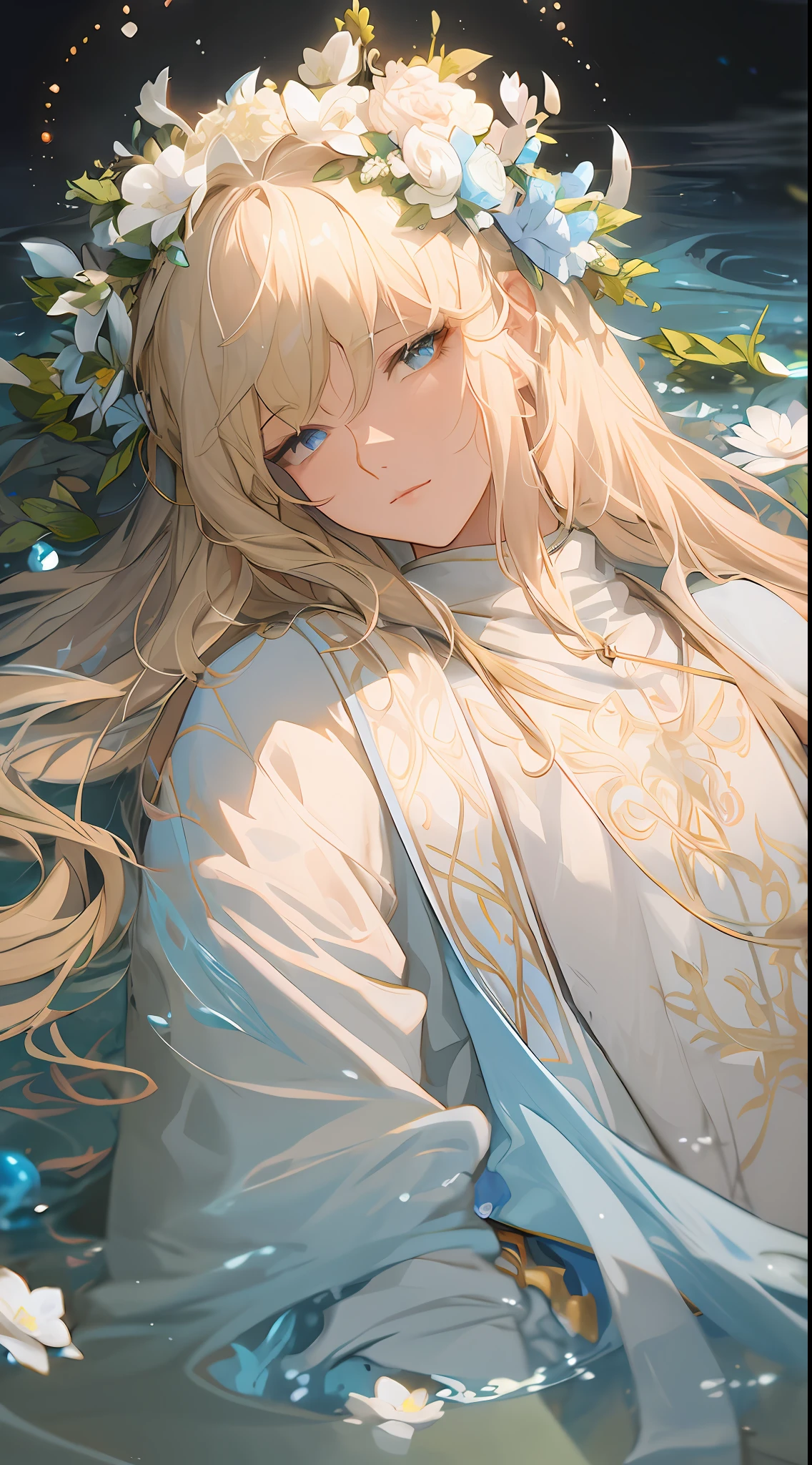 Anime man with long hair and flowers floating in water, Violet Evergarden, Detailed Digital Anime Art, flowing hair and long robes, Beautiful Anime Portrait, Blonde anime guy with long hair, clean detailed anime art, soft anime illustration, Trending on ArtStation pixiv, portrait of magical blond prince, guweiz on pixiv artstation, digital anime illustration
