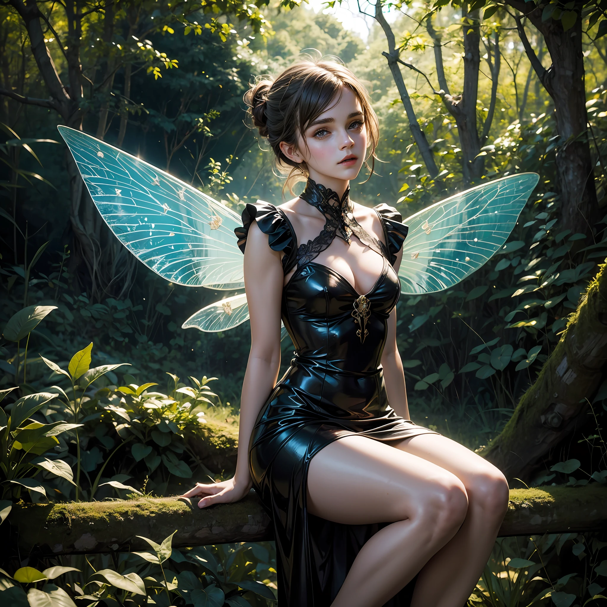 a hauntingly beautiful emma watson as fairy sitting on a fence in the forest. her vibrant and youthful features create a striking juxtaposition of ethereal beauty. tight latex fairy dress, short dress, sparkly wings. A giant bug is eating her. kissing.