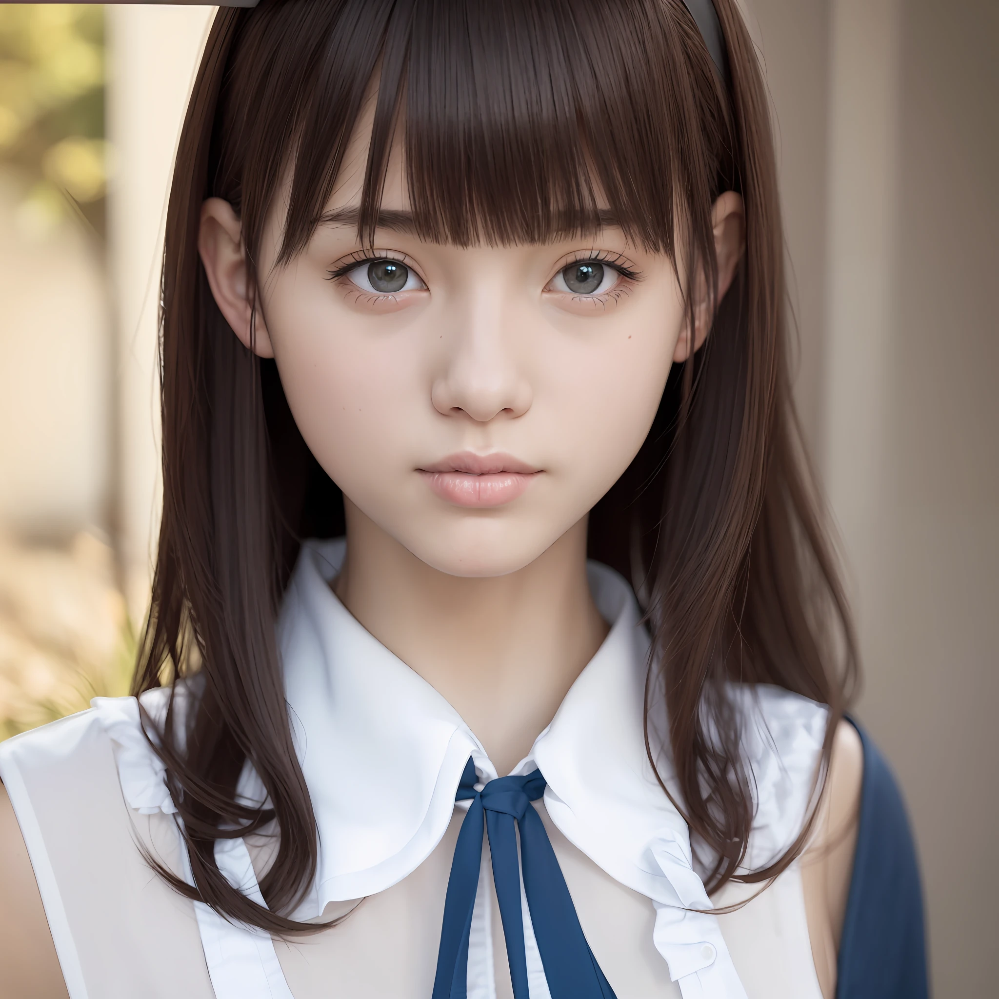 There is a young girl in a blue ribbon tie and a white shirt, Cute realistic upper body portrait, soft portrait shot 8 k, a hyperrealistic schoolgirl, cute natural anime face, photorealistic anime, real life anime girl, realistic young anime girl, Hyper realistic anime, a hyperrealistic schoolgirl, 8K portrait rendering, realistic anime 3 d style, Japan Teen Upper Body、Small shoulders、Narrow waist、The line of sight is the front、The face has a gentle expression