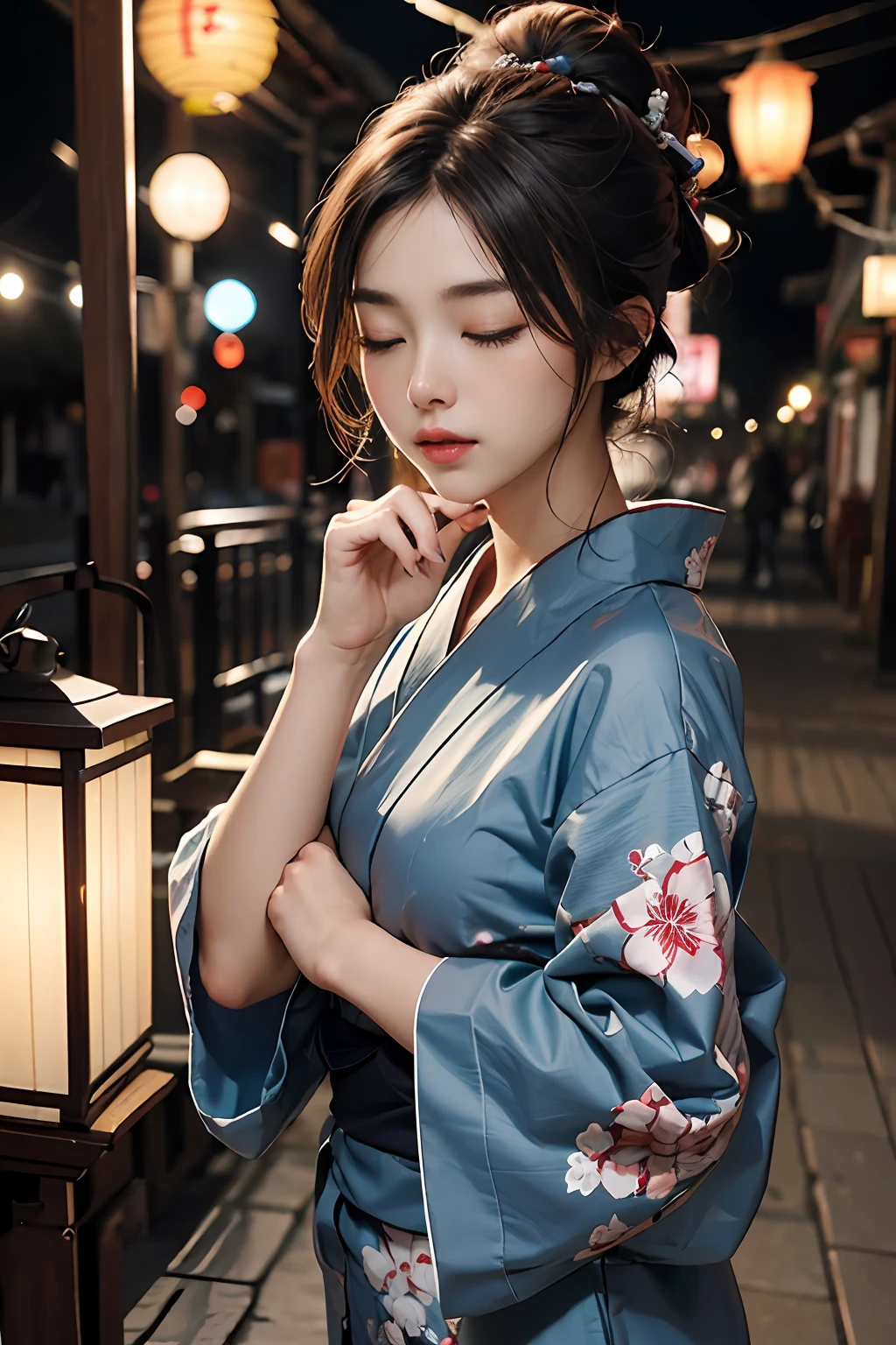 (Raw photography、4K、masterpiece、hight resolution、Very complex)(realisitic:1.4)、Onegirl、Solo Focus、(top-quality)、(Hi-Res)、(extremely delicate and beautiful)、(Beautiful 8k face)、(Brown-eyed)、(Close your eyes in embarrassment)、(独奏)、(Clear skin)、(Soft hair)、(Slightly larger)、、(Floral kimono wearing red and blue yukata)、((Sleeping with your eyes closed))、((Bokeh lantern light night background))、((speedo))、(reality)、Undersized nose、poneyTail、、((Ukiyo-e style))、Ultra-thin eyebrows、An ultra-high picture quality、Wearing maiko makeup、skin whitening、long and beautiful lashes、Turning around in the style of a Kyoto magazine model、an ultra-Small Face、(Red-dyed cheeks)
