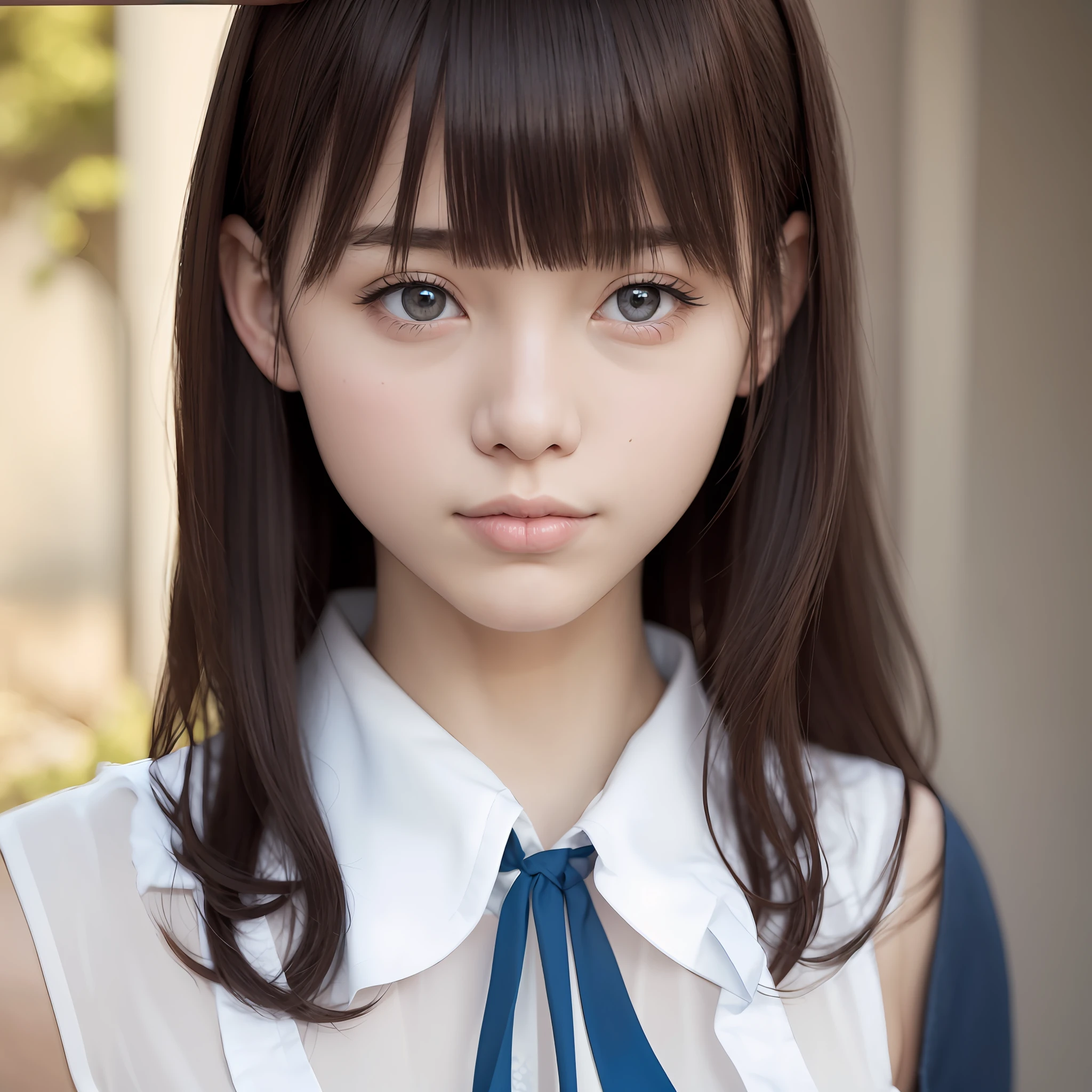 There is a young girl in a blue ribbon tie and a white shirt, Cute realistic upper body portrait, soft portrait shot 8 k, a hyperrealistic schoolgirl, cute natural anime face, photorealistic anime, real life anime girl, realistic young anime girl, Hyper realistic anime, a hyperrealistic schoolgirl, 8K portrait rendering, realistic anime 3 d style, Japan Teen Upper Body、Small shoulders、Narrow waist、The line of sight is the front、The face has a gentle expression