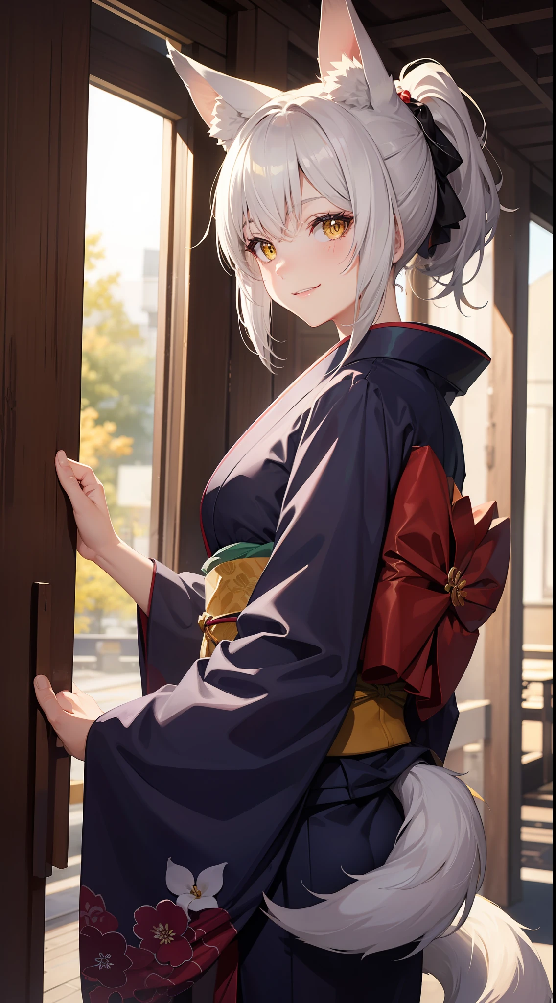 Adult woman, short gray hair, high ponytail, fox ears and tail, Yellow eyes, kimono, ssmile, pomade, Masterpiece, hiquality