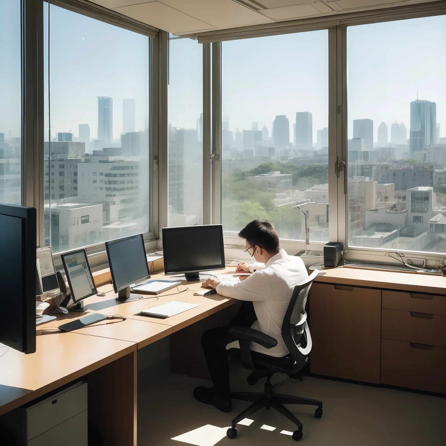 In a bright office setting, a single individual works on their desktop computer, creating an illustration with a realistic and immaculate design. The person is a middle-aged man with neatly trimmed, short black hair, wearing slightly thick-rimmed glasses. His expression is serious and focused, conveying his passion for the task at hand. On his desk, various items related to DTP are carefully arranged. Colorful ballpoint pens are neatly lined up, and a color chart is conveniently placed within reach. He has a desktop computer at his fingertips, allowing him to work on the illustration with a large screen. Soft light filters in, enveloping the entire office in a pleasant brightness. Through the window, a view of the cityscape offers a backdrop of greenery and architectural details for the artwork. The sky is clear, and the mood is one of serene joy and contentment. Upon viewing this illustration, viewers will be moved by the artist's passion and skill, making them eager to commission work from him.