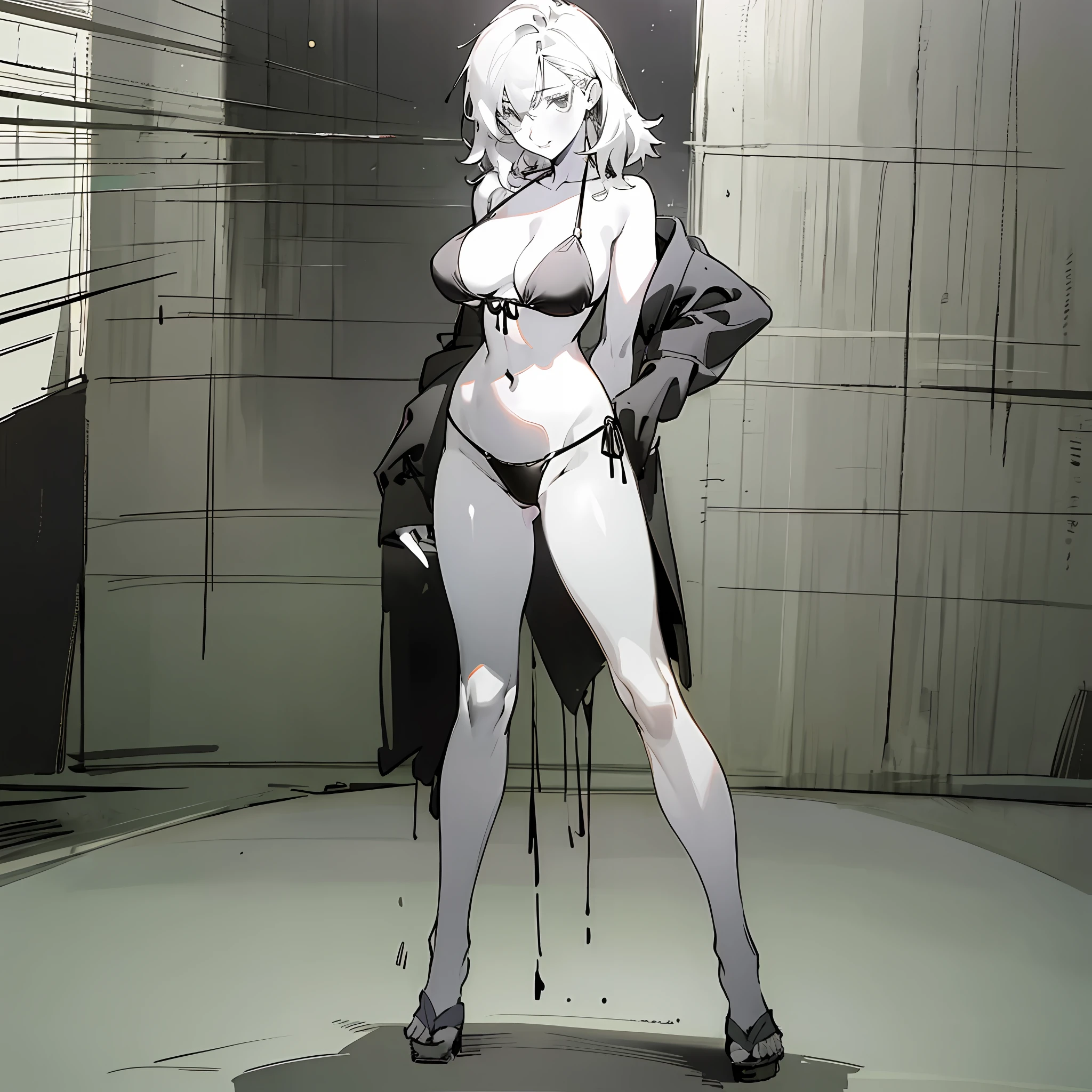 Masterpiece, Yuji Shinkawa, great Japanese master anime works, Japanese manga master works, black and white manga, grayscale, realistic night scene, a girl in leather tight bikini standing in the night, full body, sexy girl, slim body, big, long legs, sexy slender legs, movie lighting, light and shadow tracking, movie composition, full body standing