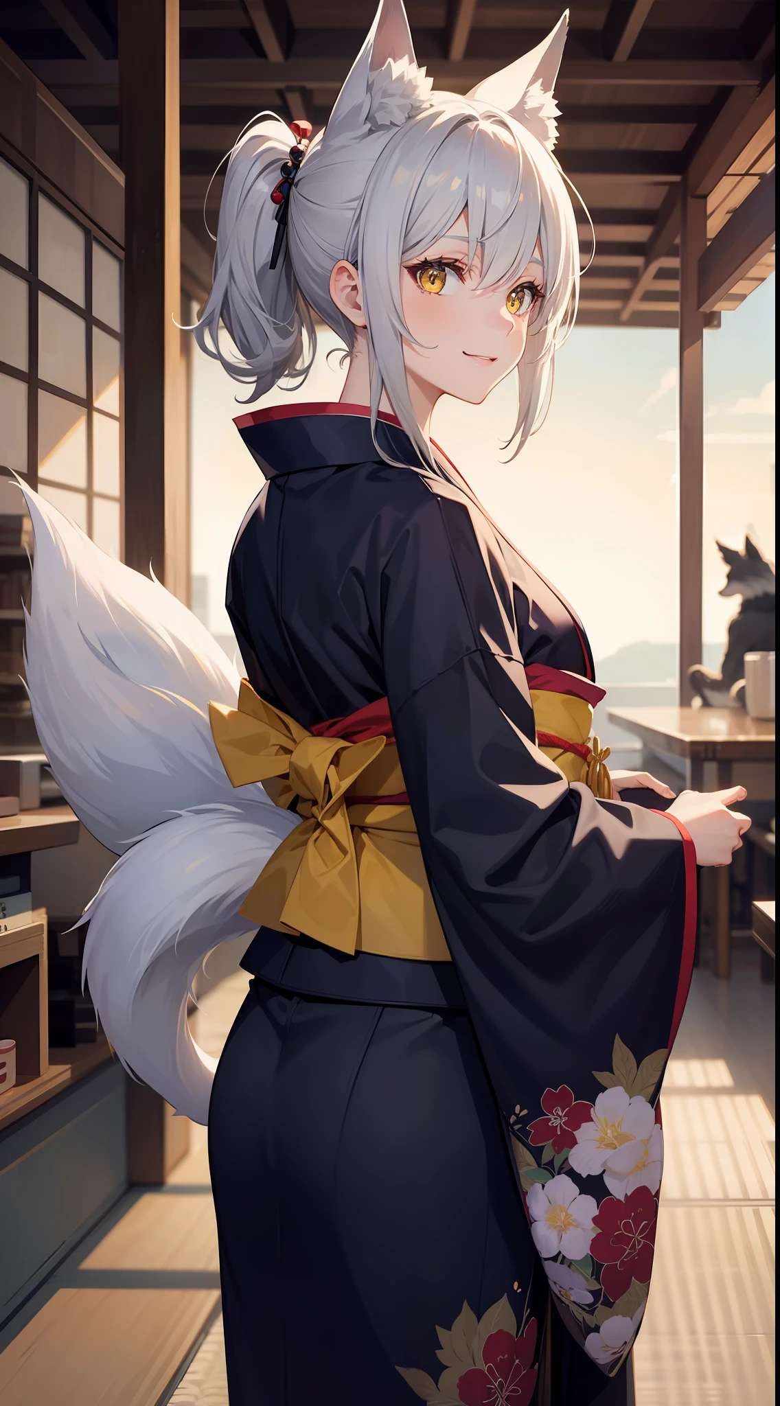 Adult woman, short gray hair, high ponytail, fox ears and tail, Yellow eyes, kimono, ssmile, pomade, Masterpiece, hiquality