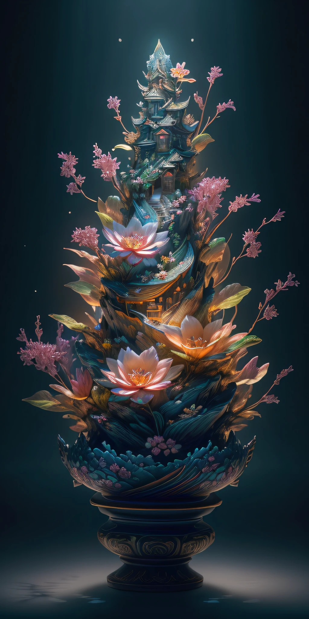 best quality, realistic, photorealistic,  ultra detailed, "Mountain of Flower and Fruit+Fairy+Chinese Architecture" highly detailed carving on "southern ice" porcelain,Ultra wide angle,Accent Lighting,Volumetric Lighting,backlighting, (detailed light),((an extremely delicate and beautiful)),dramatic_shadow,ray_tracing,hdr