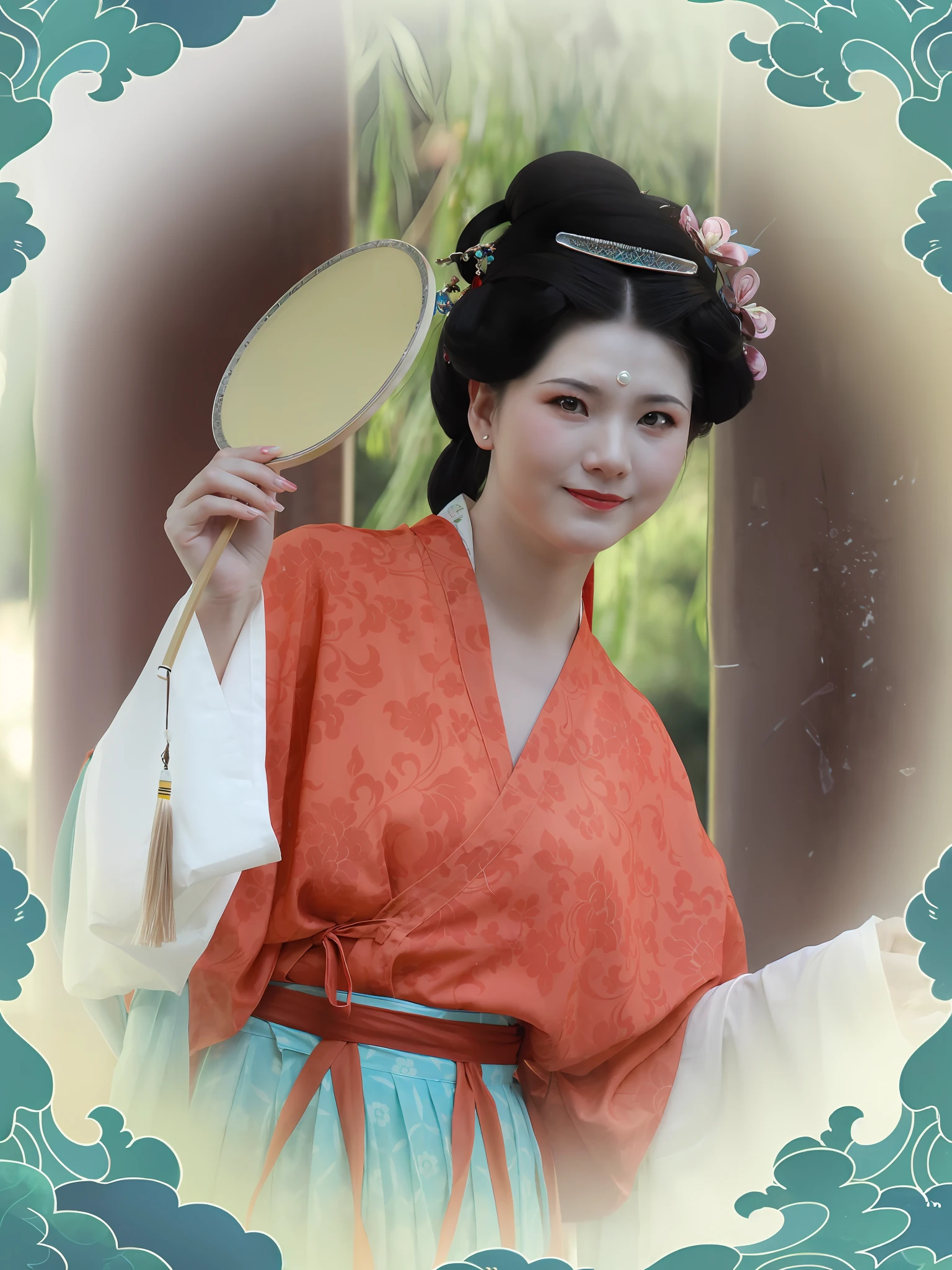 There is a woman in a kimono holding a mirror and a mirror, Hanfu, Palace ， A girl in Hanfu, Wearing ancient Chinese clothes, Traditional Chinese clothing, Chinese costume, ancient chinese beauti, with acient chinese clothes, Tang dynasty, Princesa chinesa antiga, inspired by Yun Shouping, White Hanfu, inspired by Emperor Huizong of Song